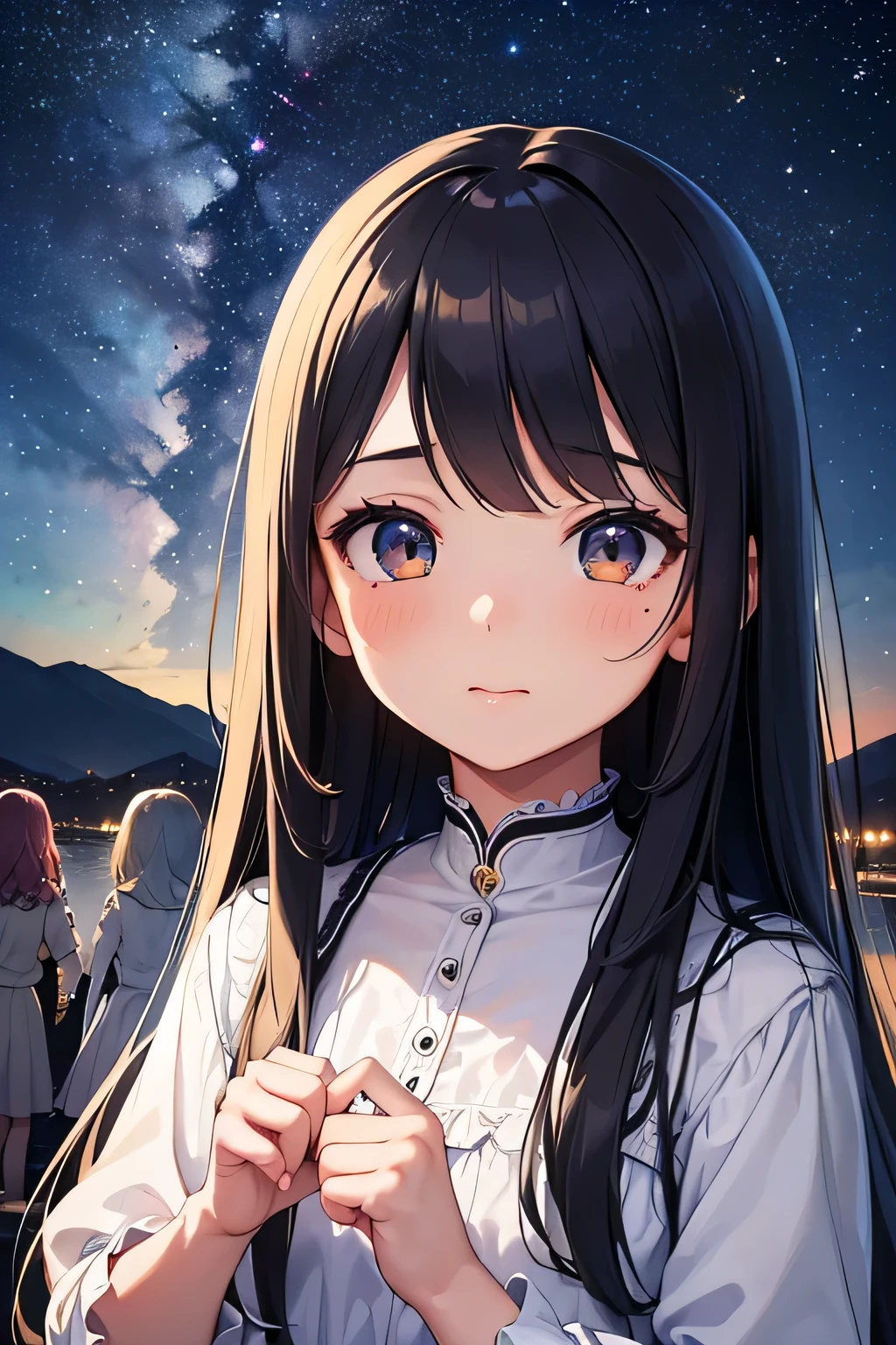 highest quality、High resolution、Detailed Background、(Beautiful face in every detail:1.4)、(Highly detailed face:1.4)、Brightly colored hair、A cute dress with minimal exposure、Spectacular natural scenery、Three beautiful girls against the backdrop of a large number of comets floating in the night sky