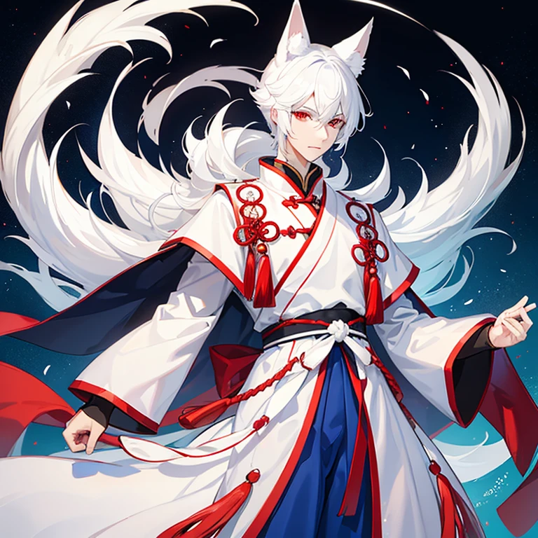 Tall young man, light complexion, white hair, white fox ears, red eyes, traditional Chinese clothing in blue colors, white fox tail