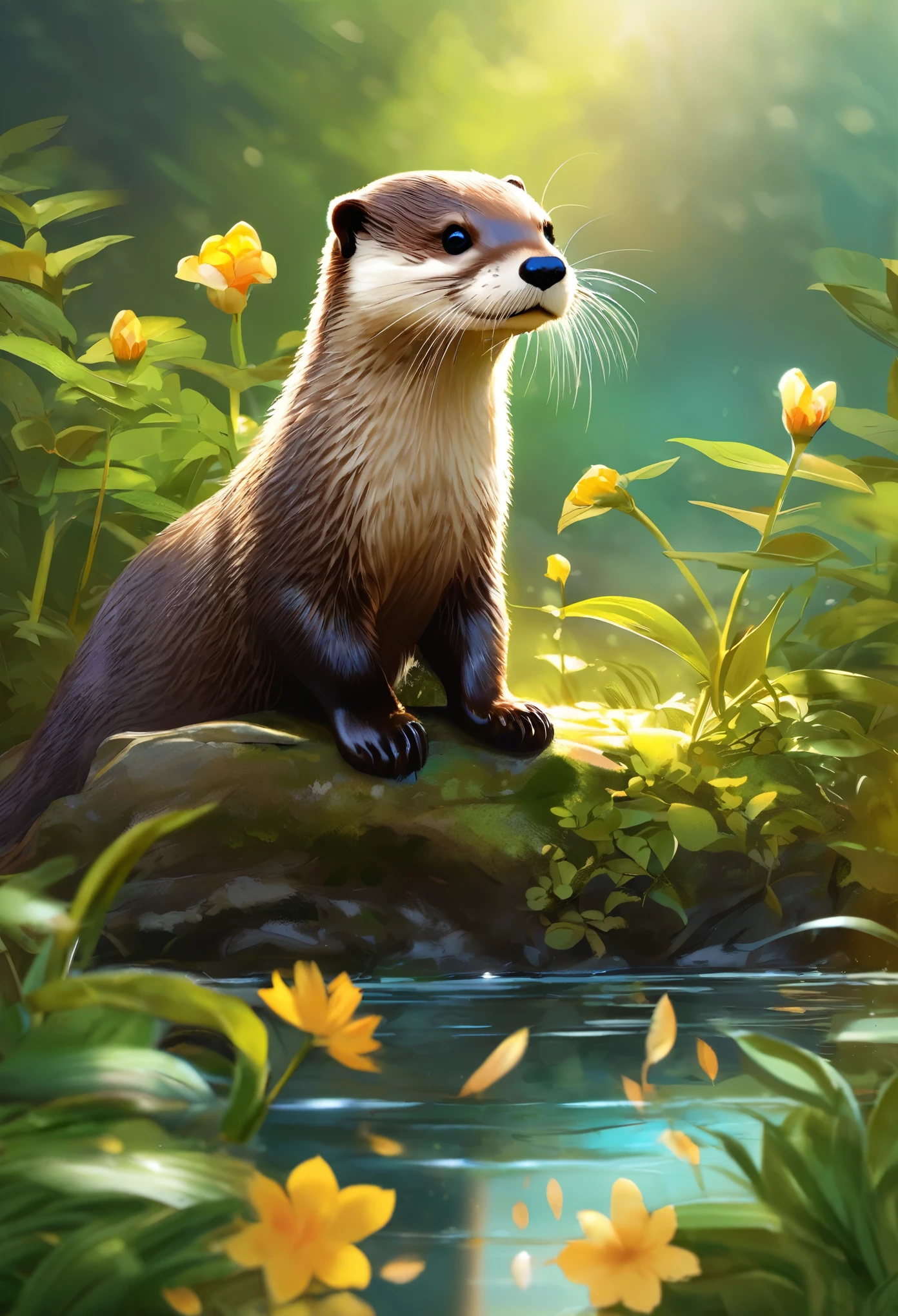 highest quality、Super fine、Realistic、Asian small-clawed otter、Cute otter、Shaggy animals、Adorable creatures、Pad、Beard、Nimble movement、playful look、mischievous eyes、Curious personality、Forest Habitat、Natural scenery、Green leaves、Sunlight filtering through the trees、Shining River、Water surface reflection、Colorful flowers、Peaceful and quiet atmosphere、Soft fur texture、Bright colors、Artistic rendering、Meticulous attention to detail、Realisticな描写、Fantastic lighting、Serene atmosphere