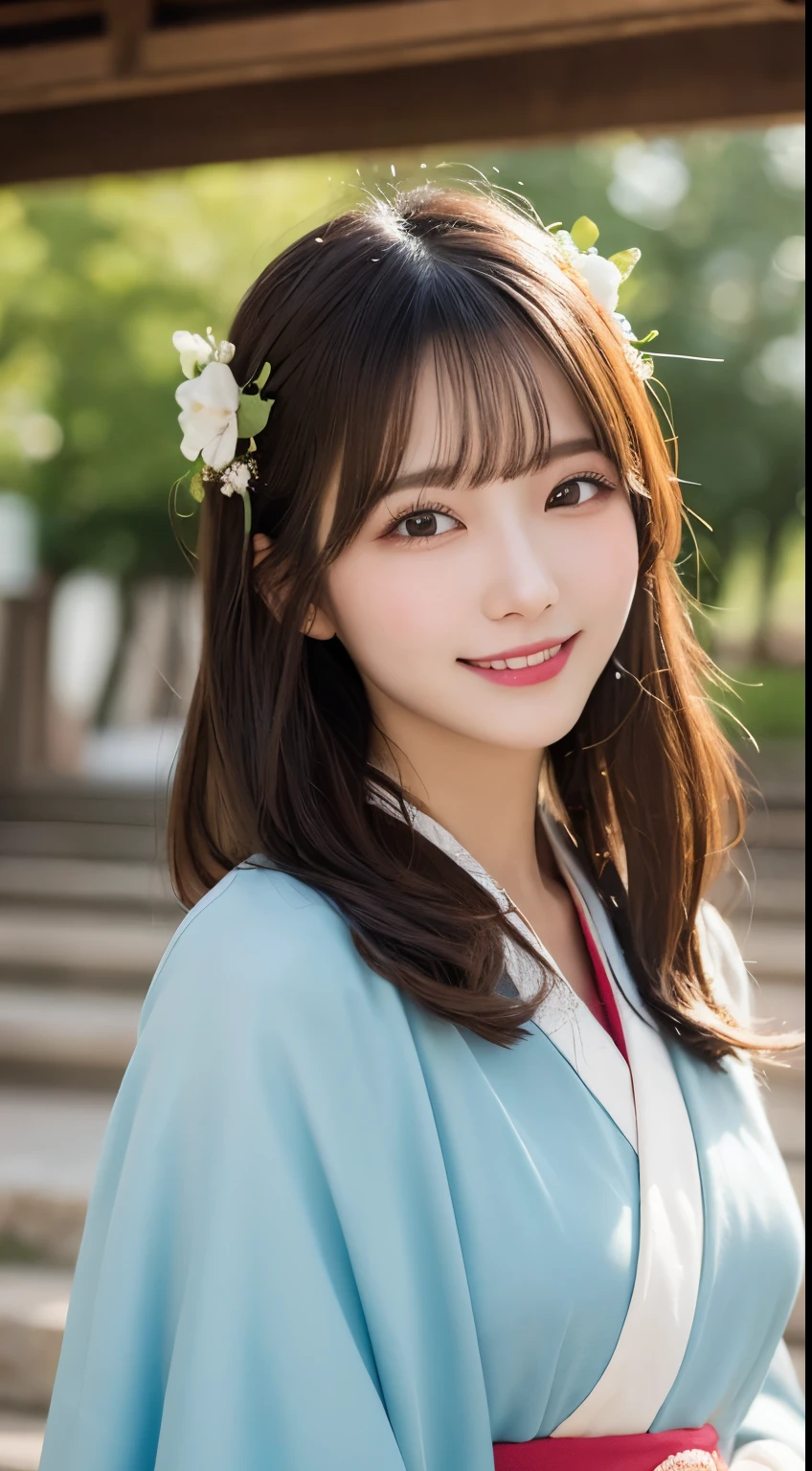 whole body, highest quality, shape, Very detailed, In detail, High resolution, 8k wallpaper, Perfect dynamic composition, Beautiful details, kimono,Medium Hair, Center of chest, Natural color lip, Random sexy poses,smile,shrine,Flower Hair Ornaments,cute,