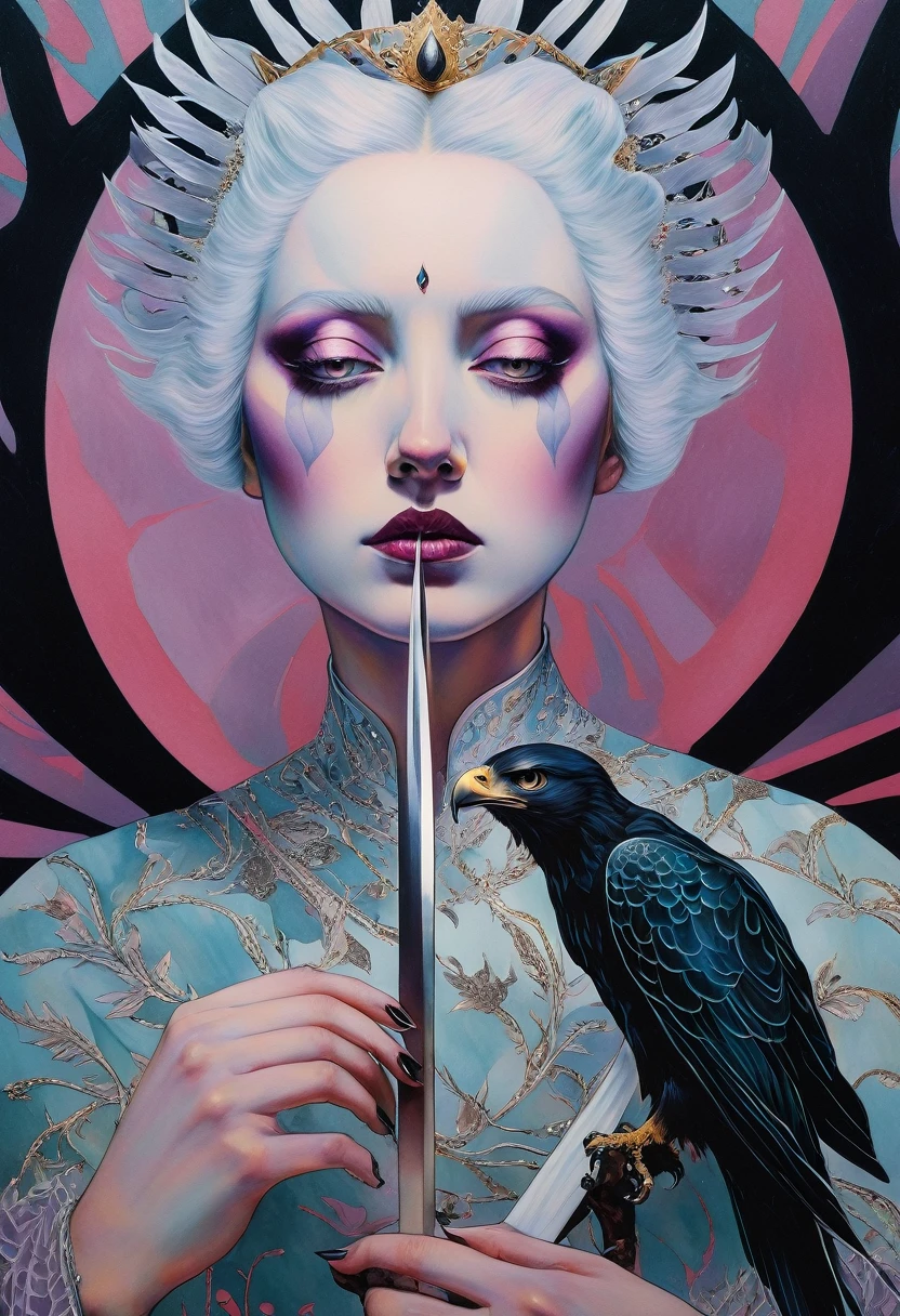 tarot card, chiaroscuro technique on sensual illustration of an queen of sword, Piercing Gaze, vintage queen, eerie, matte painting, by Hannah Dale, by Harumi Hironaka, extremely soft colors, hint of silver, highly detailed, digital artwork, high contrast, dramatic, refined, tonal, highest quality，anatomy correct，ultra-wide-angle，depth of fields, representing her ability to adapt in challenging situations, a small eagle, Focus on a color palette