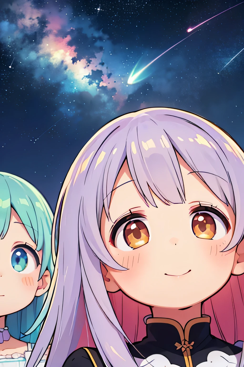 highest quality、High resolution、Detailed Background、(Beautiful face in every detail:1.4)、(Highly detailed face:1.4)、Brightly colored hair、A cute dress with minimal exposure、Spectacular natural scenery、smile、Three beautiful girls against the backdrop of a large number of comets floating in the night sky