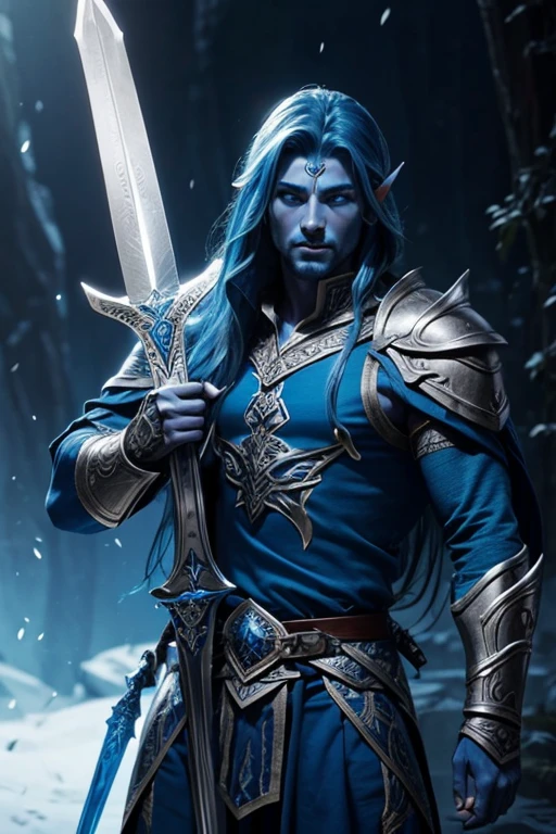 Blue elven warrior man, sword, blue skin