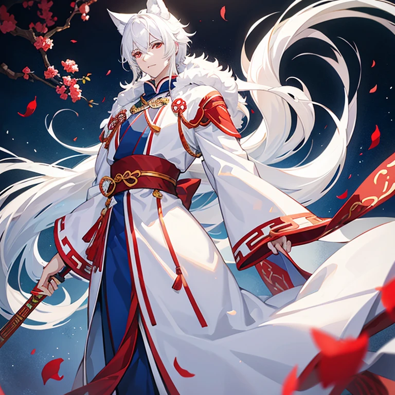 Tall young man, light complexion, white hair, white fox ears, red eyes, traditional Chinese clothing in blue colors, white fox tail