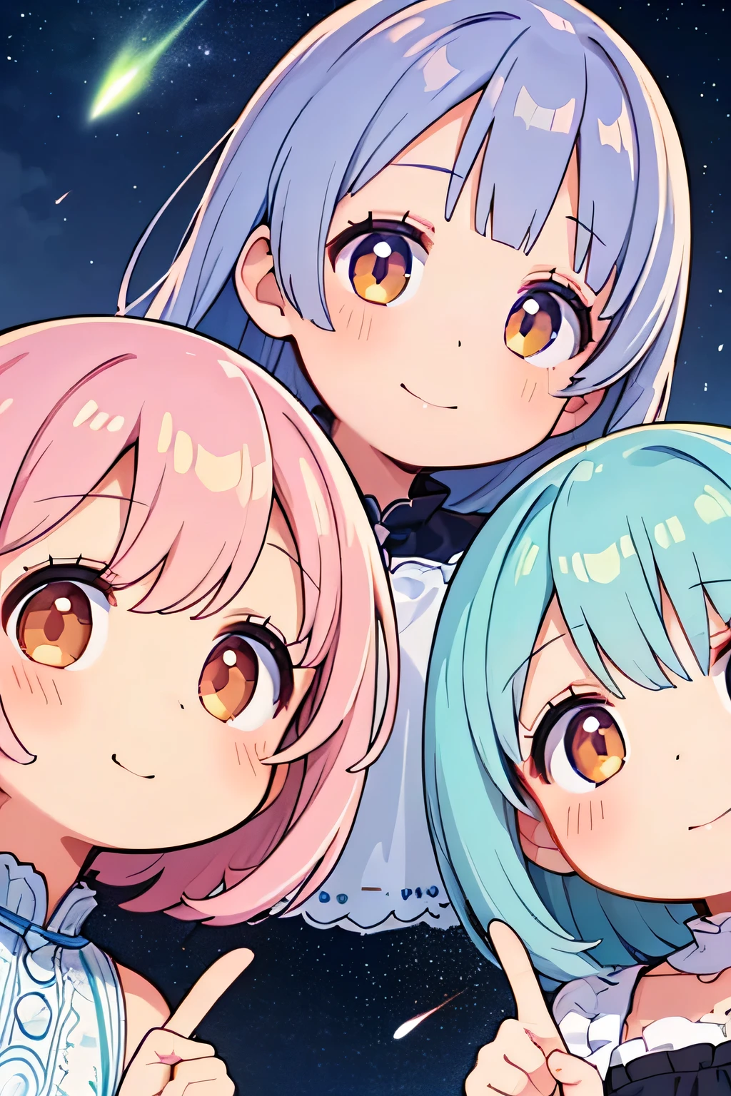 highest quality、High resolution、Detailed Background、(Beautiful face in every detail:1.4)、(Highly detailed face:1.4)、Brightly colored hair、A cute dress with minimal exposure、Spectacular natural scenery、smile、Three beautiful girls against the backdrop of a large number of comets floating in the night sky