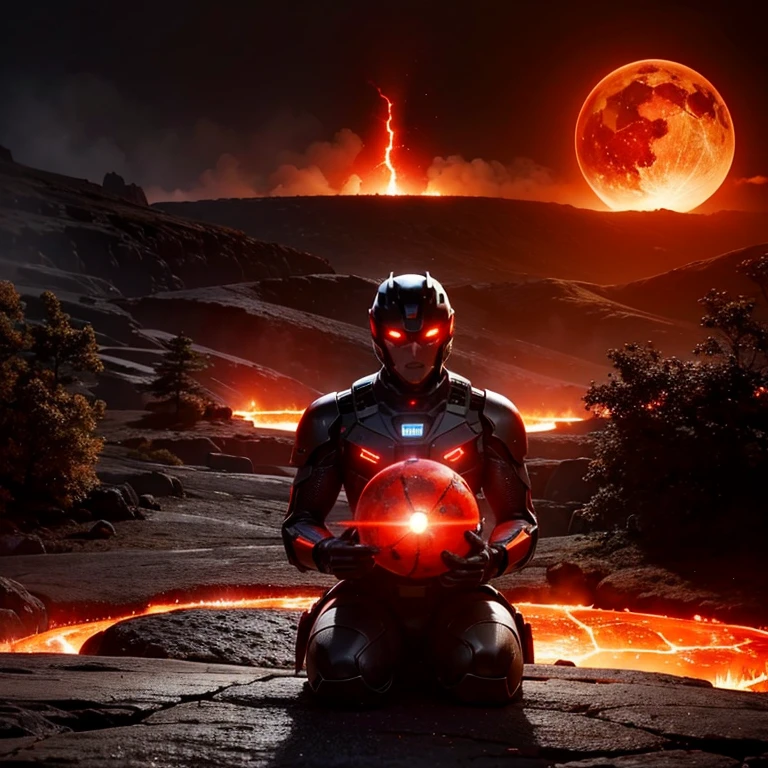 cybernetic earth with a red light inside, mechanized earth crust, the earth sprouts lava, earth's red mantle is visible, hollow earth, vtm, canyons and ridges all across earth, the whole world is on fire ablaze
