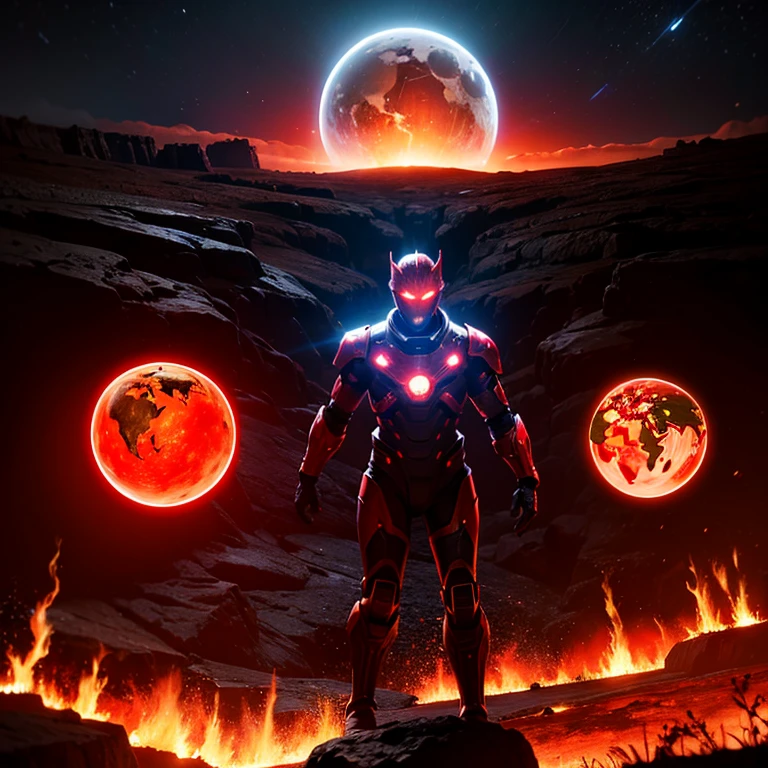 cybernetic earth with a red light inside, mechanized earth crust, the earth sprouts lava, earth's red mantle is visible, hollow earth, vtm, canyons and ridges all across earth, the whole world is on fire ablaze
