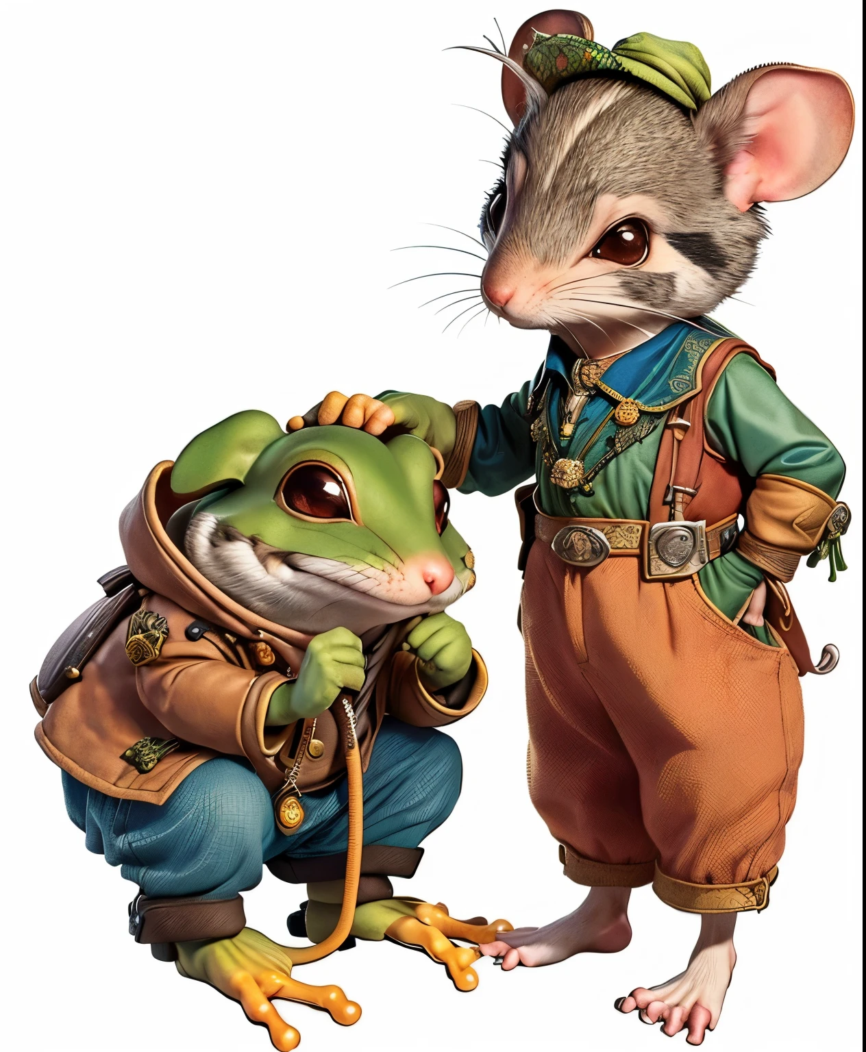 There is a picture of a mouse and a frog wearing a hat, rat tribe, inspired by Ralph Horsley, Anthropomorphic mouse, Todd Shore highly detailed, Full color illustrations, Mouse in clothes, Todd Shore, Anthropomorphic mouse, by Randy Gallegos, Inspired by Ron English, Peter de Serve (Peter de Seve) of inspiration, Anthropomorphic gangster mouse