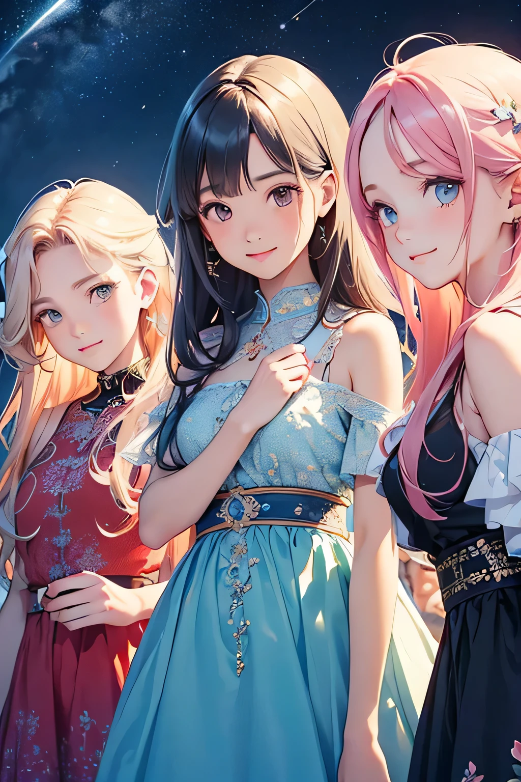 highest quality、High resolution、Detailed Background、(Beautiful face in every detail:1.4)、(Highly detailed face:1.4)、Brightly colored hair、A cute dress with minimal exposure、Spectacular natural scenery、smile、Three beautiful girls against the backdrop of a large number of comets floating in the night sky