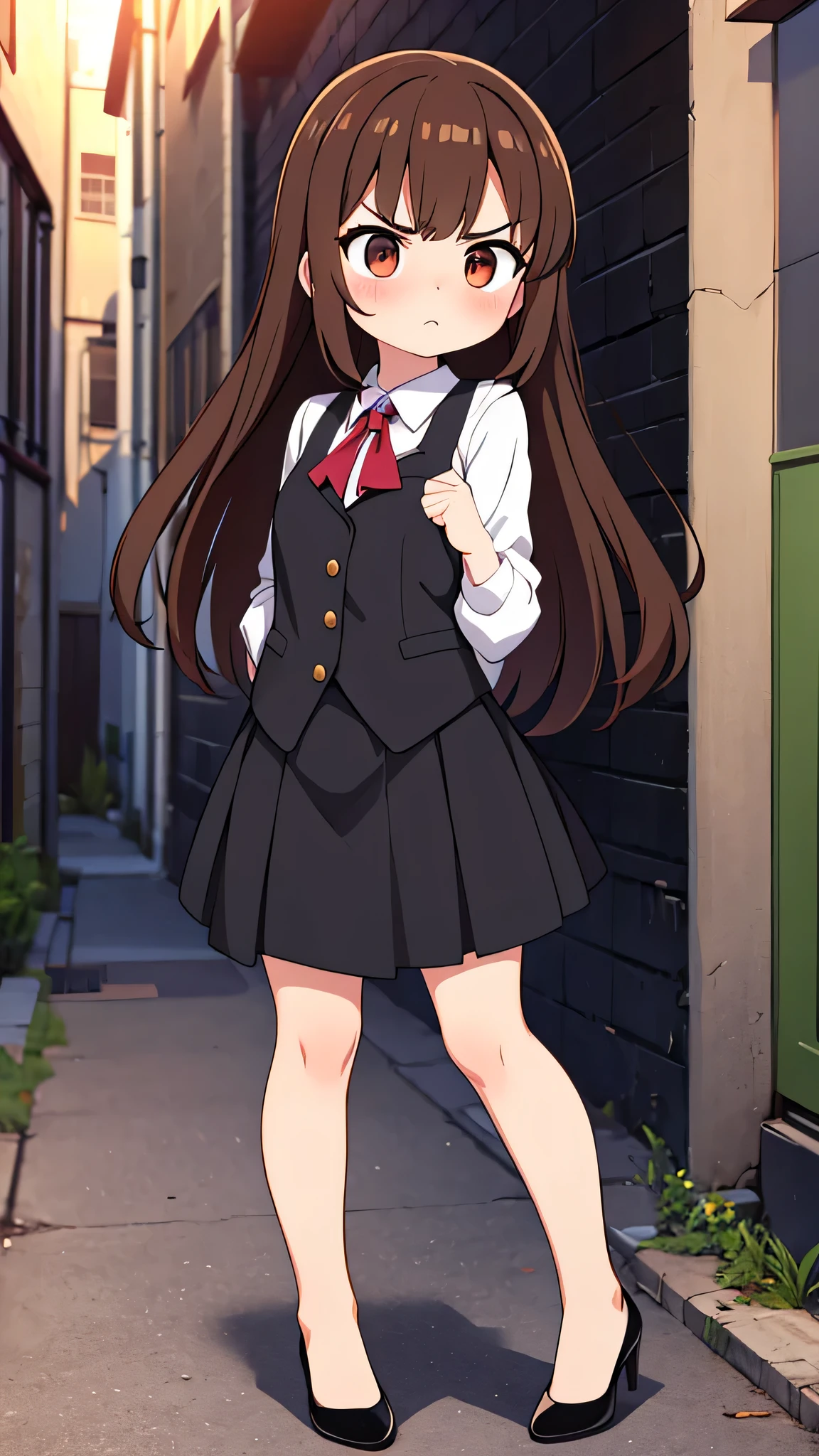 masterpiece、highest quality),Brown Hair,Hime cut,Long Hair,Bangs,girl,Back Alley,In a suit,OL,Woman with an angry face,Blushing,Slender women, A woman wearing plain black pumps,Bare feet and pumps,Open collar,Stand with your legs together,hold the skirt with both hands,front
