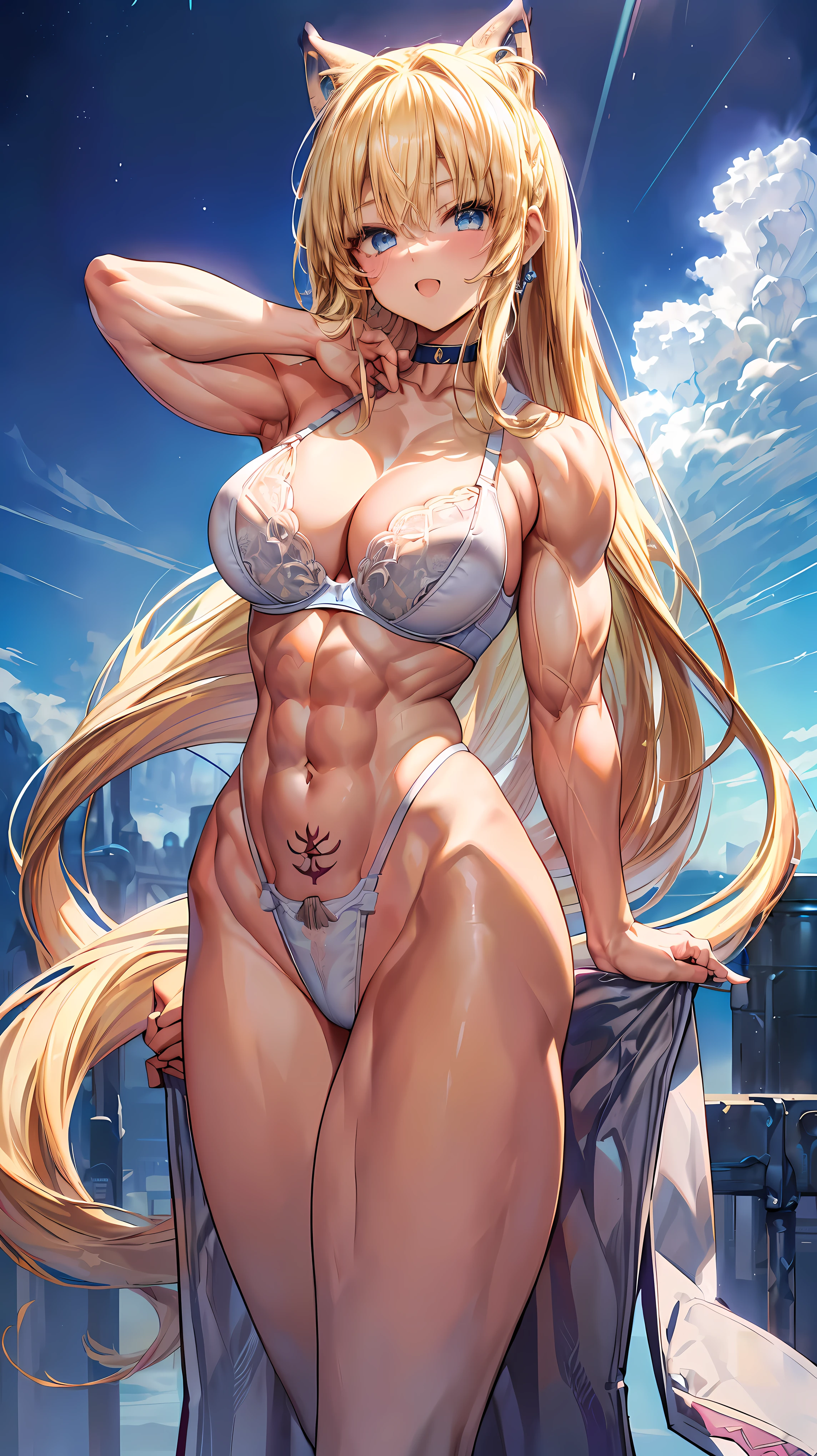 Very detailed、highest quality、Best image quality、masterpiece、8k、Anime Face、A kind smile、(Open your mouth:1.3)、Sparkling blue eyes、(Blonde semi-long hair:1.5)、(Muscles of the whole body:1.3)、(highleg:2.0)、Thigh belt、(Cowboy Shot:1.5)、(SFW Giant)、(Thick body:1.2)、(bra:1.5)、(sxspnts)、(Hands on hips:1.1)