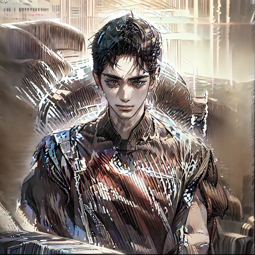 A kinda very 80s vaporwave anime style very appealing looking attractive young handsome goodlooking kinda strong muscular young Korean guy with very model like looks chiseled very sculpted kinda angledsculptures looks appearance with very Hazel or light brown eyes with naturally red brown hair a somewhat retro and kinda very ulzzang-kawaii trendy hipster look and style with a traditional 1970s-1980s Seoul type neighborhood as backdrop"
