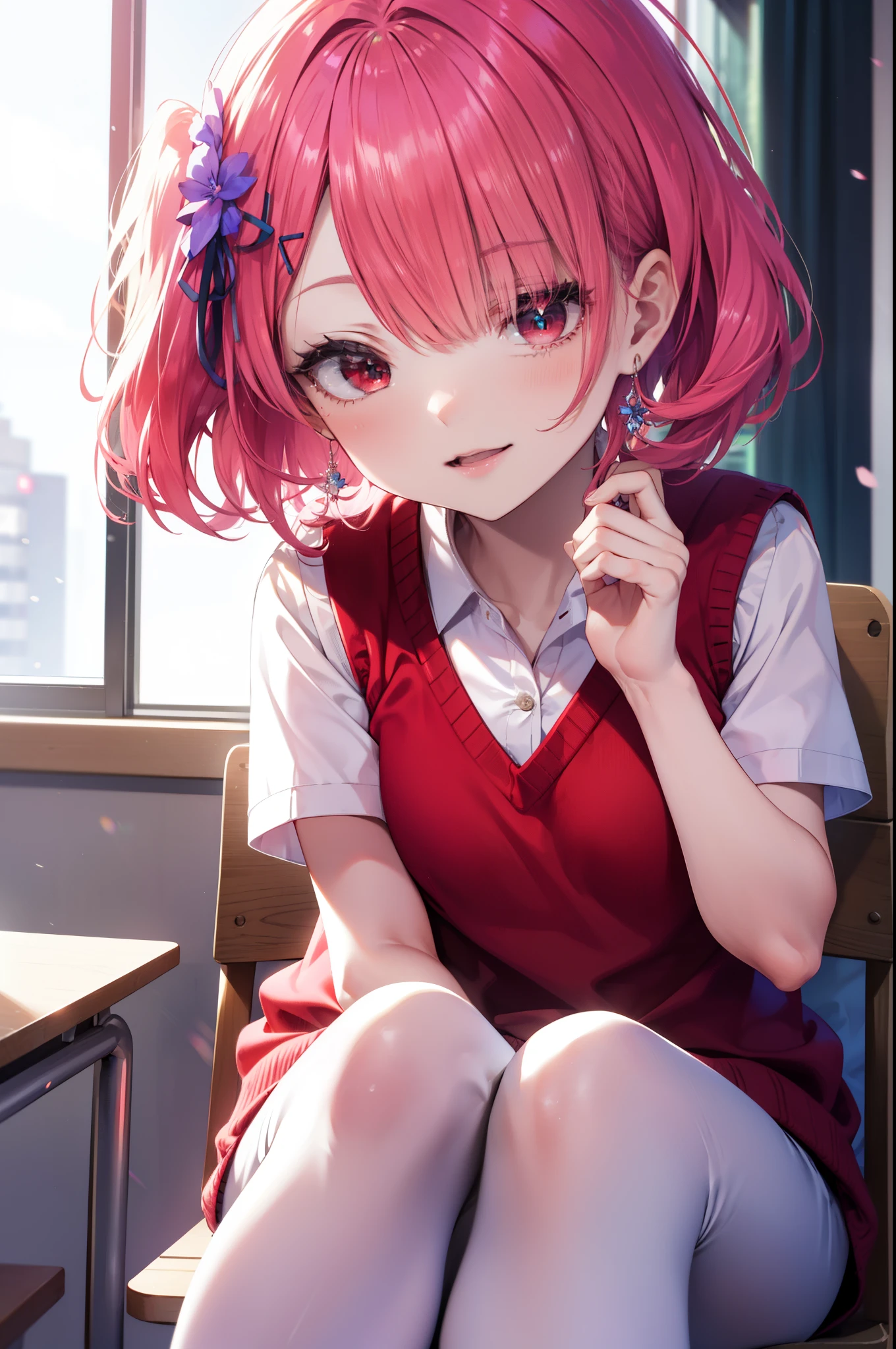 rezeroRam, Ram, Hair Flowers, hair ornaments, Hair on one eye, Pink Hair, (Red eyes:1.5), , x hair ornaments, bangs,Left side ponytail,happy smile, smile, Open your mouth,,White Y-shirt,Short sleeve,Sweater vest, (red Sweater vest:1.5),
,Black pleated skirt,White pantyhose,Brown Loafers,sitting cross-legged on a chair,There is a sandwich on the table,whole bodyがイラストに入るように,
break indoors, School　classroom,
break looking at viewer,whole body,
break (masterpiece:1.2), highest quality, High resolution, unity 8k wallpaper, (shape:0.8), (Fine and beautiful eyes:1.6), extレムely detailed face, Perfect lighting, extレムely detailed CG, (Perfect hands, Perfect Anatomy),