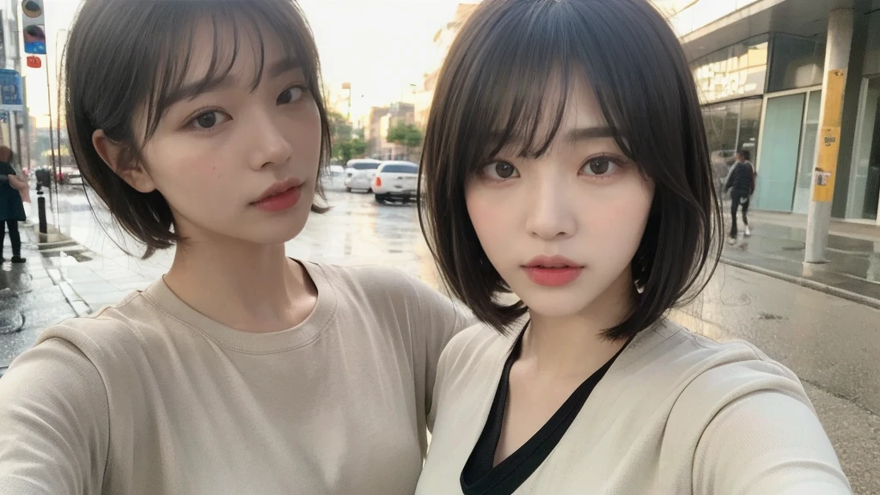 ((top quality, 8k, masterpiece: 1.3)), sharp: 1.2, Perfect body beauty: 1.4, Slim abdominal muscles: 1.2, ((Layered Hairstyle, Large target: 1.2)), (long white shirt: 1.1), (rain, street: 1.2), wet: 1.5, Highly detailed face and skin texture, Delicate eyes, Double eyelids, (((short hair)), Childish, Cool, (((neutral)), Slender eyes, Bangs, whole body,