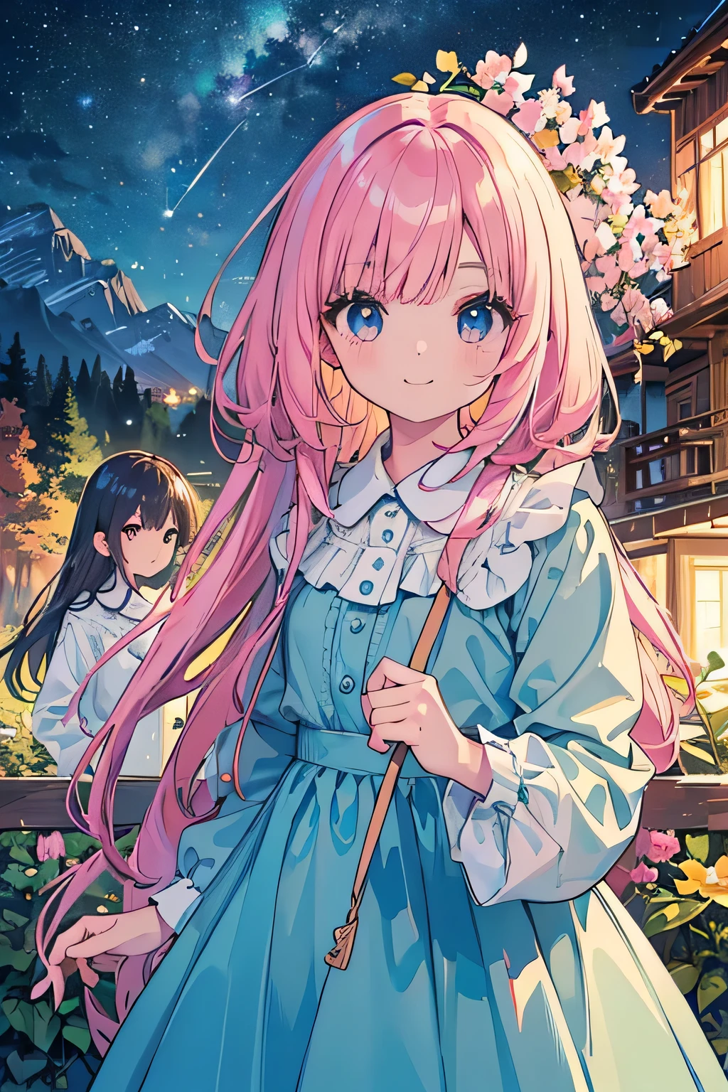 highest quality、High resolution、Detailed Background、(Beautiful face in every detail:1.4)、(Highly detailed face:1.4)、Brightly colored hair、A cute dress with minimal exposure、Spectacular natural scenery、smile、Three beautiful girls against the backdrop of a large number of comets floating in the night sky