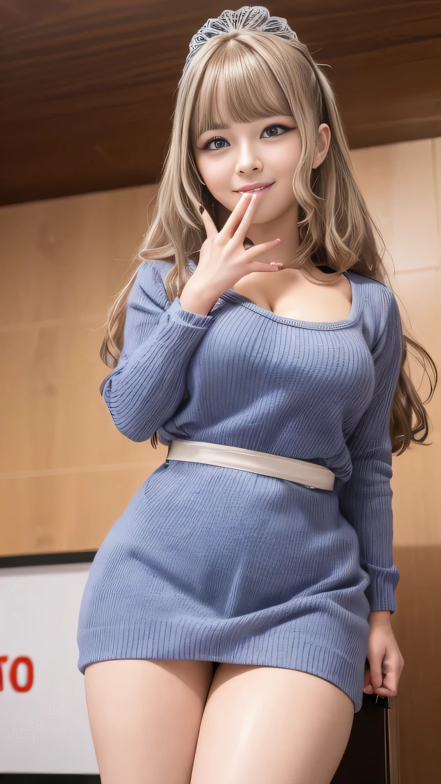 Photorealistic, High resolution, Detailed Background, Beautiful skin in every detail, Detailed eyes, Soft lighting, (Solo Shot:1.23), , (ta Girl:1.3), (Thighs:1.3), View your viewers, (((Nice hands, Perfect hands))), Clear Eyes,// , girl,Cute girl with cleavage, // (Short sweater dress), Long Hair, blonde, ((In-person audience)), smile、、(Gal-style thick shadow eyeliner:1.2)、(Long False Eyelashes)、Gal-style makeup、