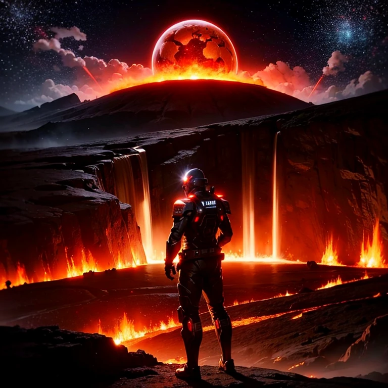 cybernetic earth with a red light inside, mechanized earth crust, the earth sprouts lava, earth's red mantle is visible, hollow earth, vtm, canyons and ridges all across earth, the whole world is on fire ablaze
