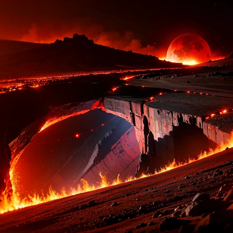 cybernetic earth with a red light inside, mechanized earth crust, the earth sprouts lava, earth's red mantle is visible, hollow earth, vtm, canyons and ridges all across earth, the whole world is on fire ablaze