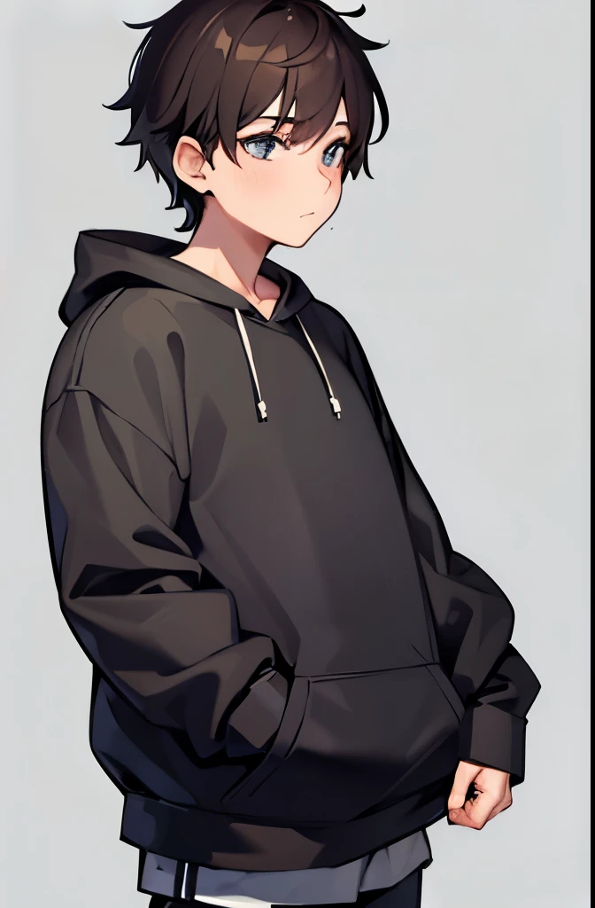 Chubby male, dark brunette hair, wearing a hoodie, wearing grey shorts