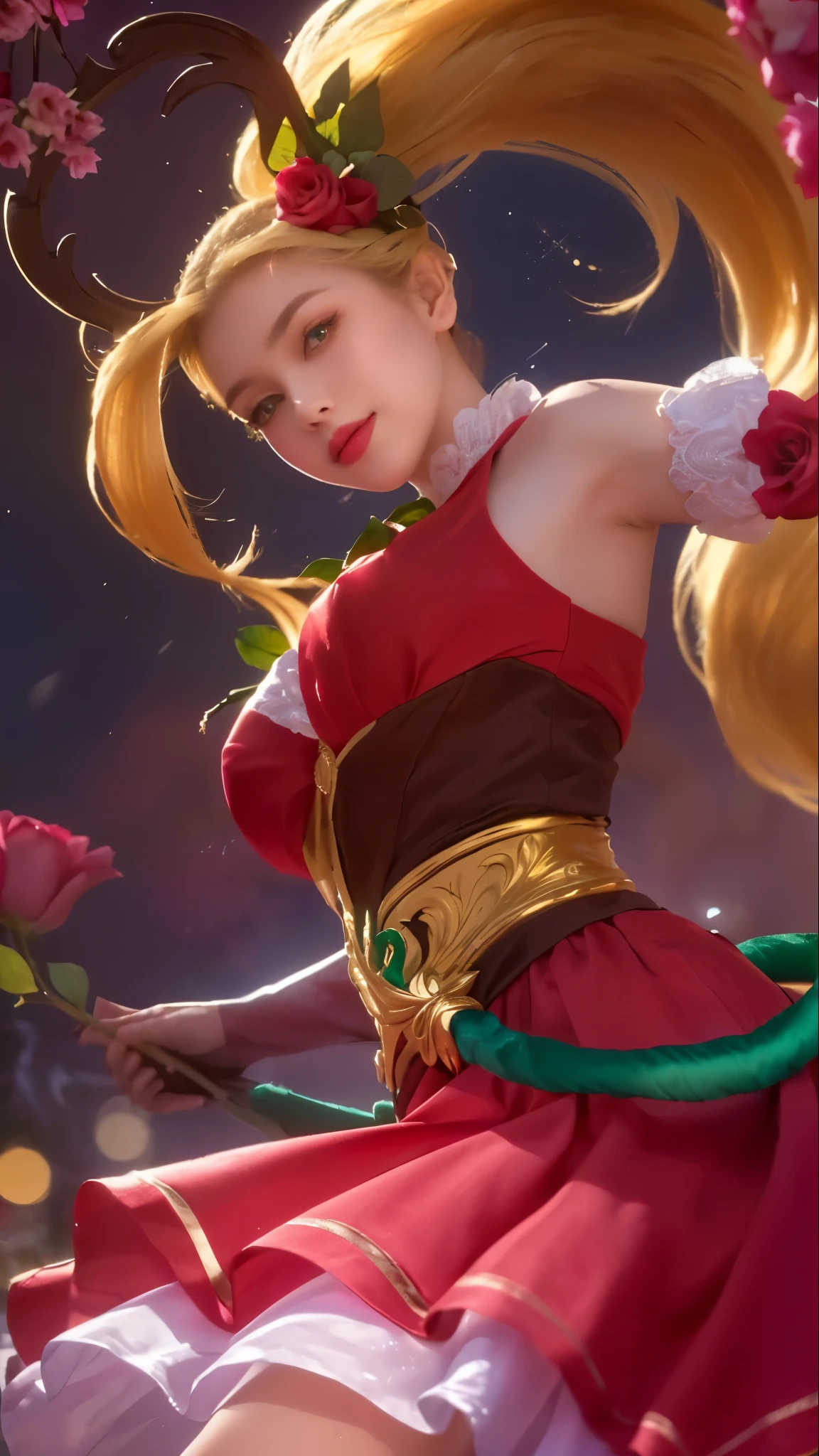 (best quality,ultra-detailed,realistic), a woman in a red dress, blonde hair, beautiful detailed eyes, beautiful detailed lips, long eyelashes, flowing hair, confident smile, elegant posture, standing in a vibrant garden, surrounded by blooming flowers and lush greenery, soft sunlight illuminating her face, creating a warm and serene atmosphere. The woman's dress is made of luxurious silk, with intricate embroidery and a flowing train that adds a touch of elegance and grace. The vibrant red color of the dress stands out against the natural backdrop, symbolizing passion and vitality. The woman's blonde hair cascades down her back in loose waves, adding to her radiant beauty. The garden is filled with a variety of flowers, including roses, daisies, and tulips, each with vibrant colors and delicate petals. Butterflies flutter around, adding a sense of magic and enchantment to the scene. The woman's eyes reflect the beauty of nature around her, sparkling with joy and curiosity. She radiates confidence and poise, as if she is in perfect harmony with her surroundings. The overall image is of a mesmerizing and captivating woman, exuding both elegance and natural beauty. The lighting is soft and warm, casting gentle shadows that accentuate the woman's features. The colors are vibrant and saturated, creating a visually stunning composition. The atmosphere of the scene is peaceful and serene, inviting the viewer to immerse themselves in the beauty of the moment.