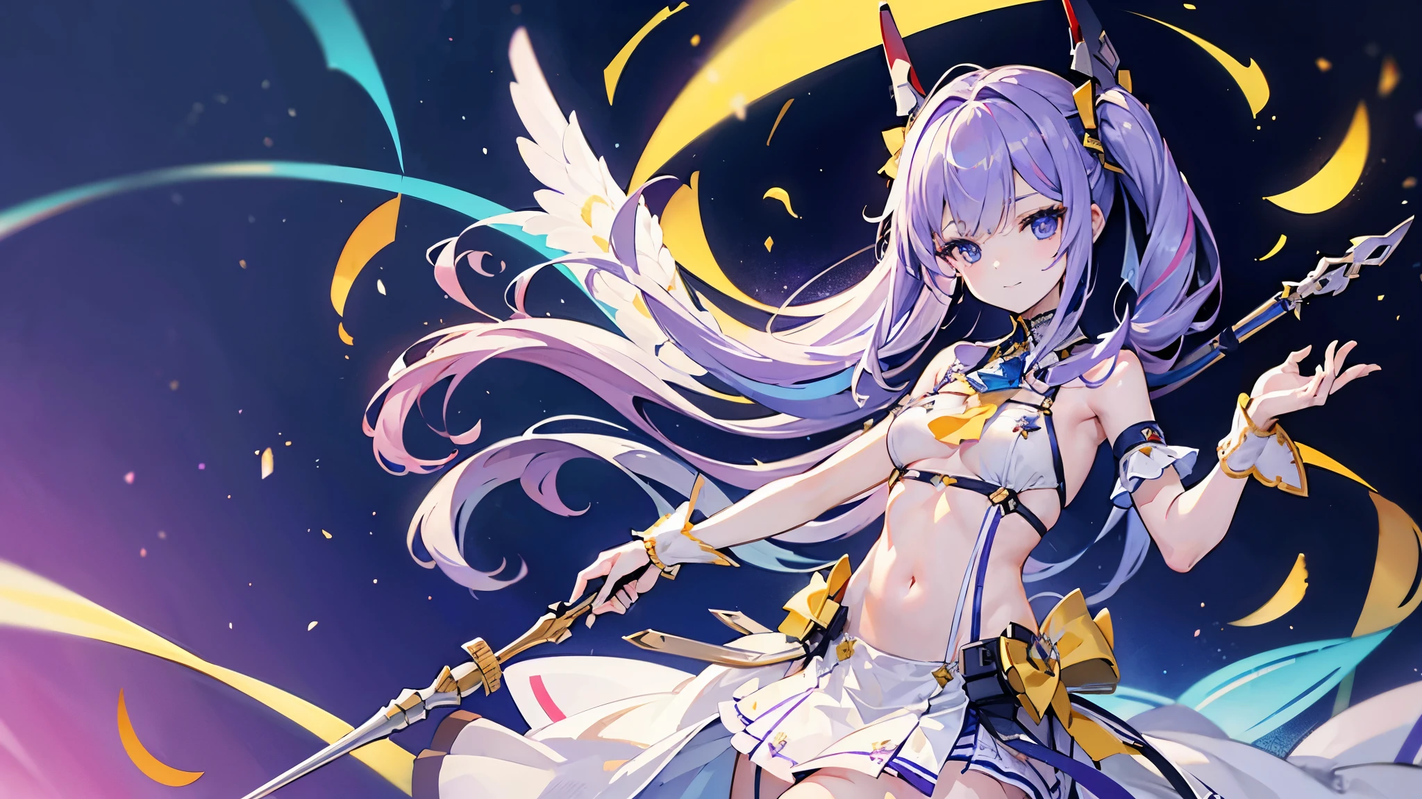 ((Top Quality)), ((Masterpiece)), (Details), Perfect Face,1 girl,solo,HMS Javelin(Azur Lane),yellow little crown,A purple ribbon mixed with a little white,long hair,purple hair,has a long sacred spear,rainbow-colored bangles,light smile,lunar surface background,small breasts,blue eyes,Only one side has wings,small,female,It shows the whole body