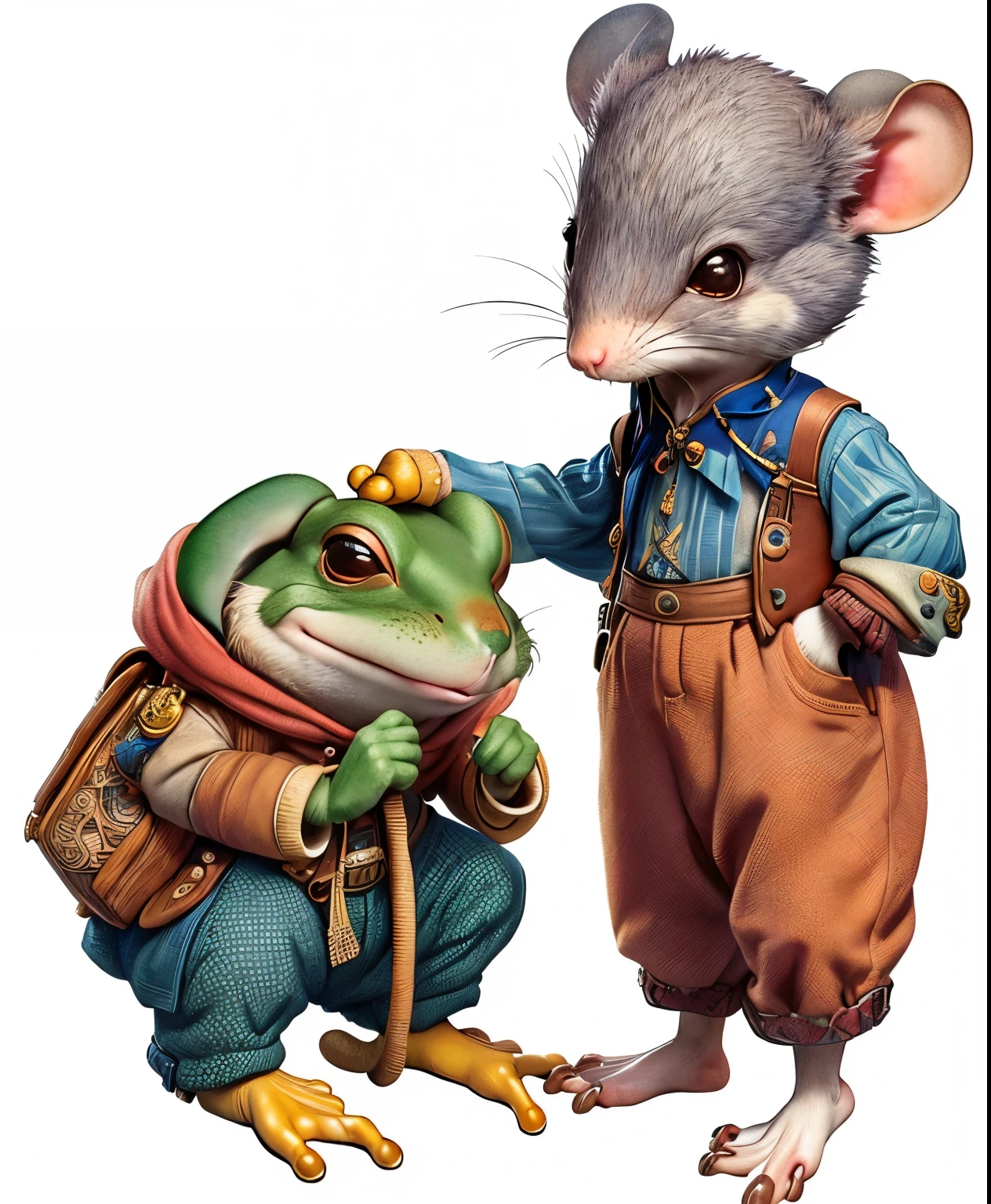 There is a picture of a mouse and a frog wearing a hat, rat tribe, inspired by Ralph Horsley, Anthropomorphic mouse, Todd Shore highly detailed, Full color illustrations, Mouse in clothes, Todd Shore, Anthropomorphic mouse, by Randy Gallegos, Inspired by Ron English, Peter de Serve (Peter de Seve) of inspiration, Anthropomorphic gangster mouse