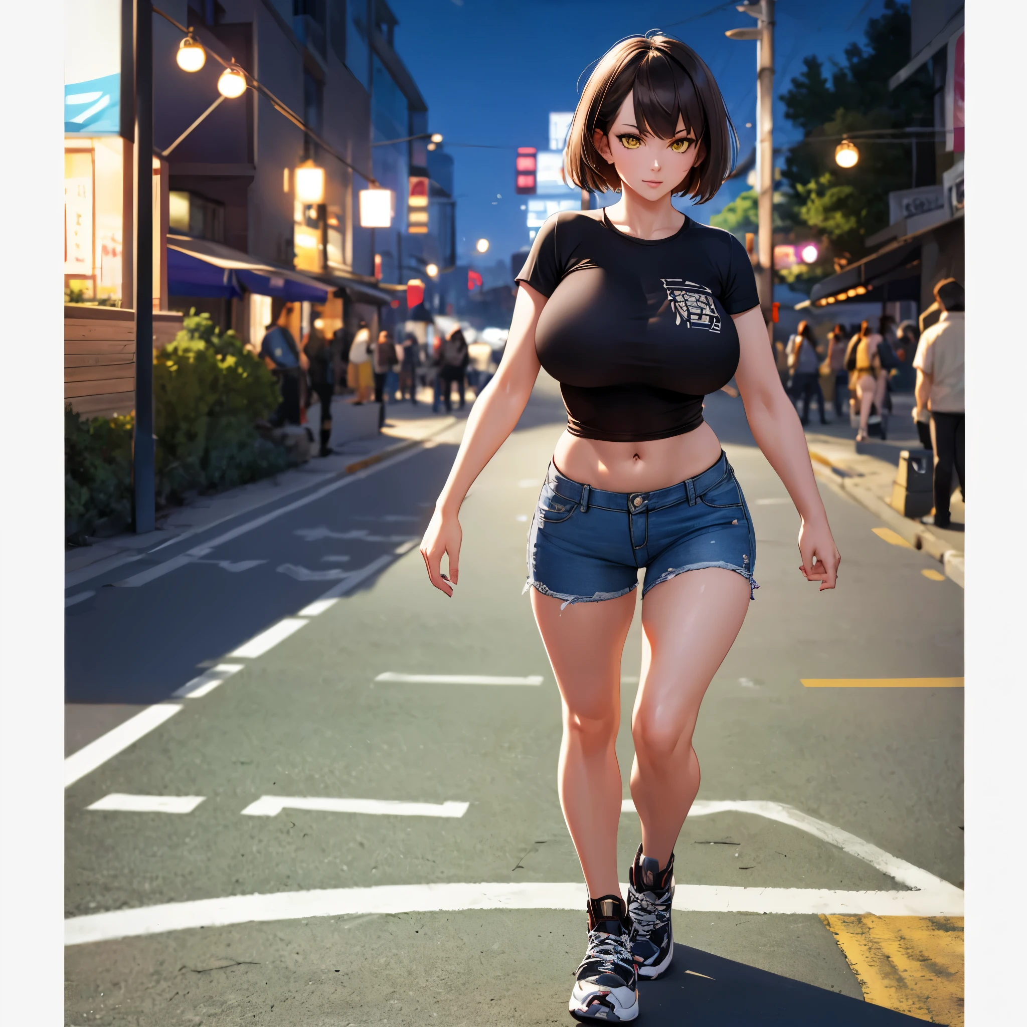 Only one female, (Explore the city), (Short white T-shirt:1.2) stylish (Denim pants), Mature Woman, /(Dark brown hair/), A gentle blushing smile, (Masterpiece of the highest quality:1.2) Delicate illustrations, super detailed, Big Breasts, (Put your hands in your pockets) break (Gorgeous downtown street) Outdoor, night, Cityscape, Detailed Background