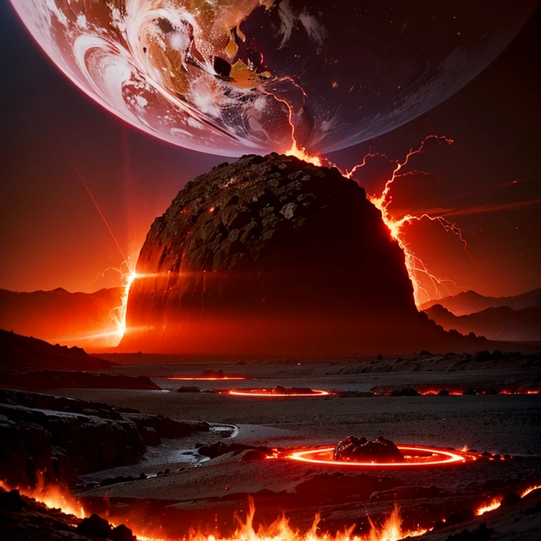 cybernetic earth with a red light inside, mechanized earth crust, the earth sprouts lava, earth's red mantle is visible, hollow earth, vtm, canyons and ridges all across earth, the whole world is on fire ablaze