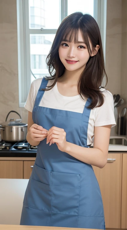 Tabletop, highest quality, shape, Very detailed, In detail, High resolution, 8k wallpaper, Perfect dynamic composition, Beautiful details, apron,Medium Hair, Center of chest, Natural color lip, Random sexy poses,smile,Tower apartment,kitchen
