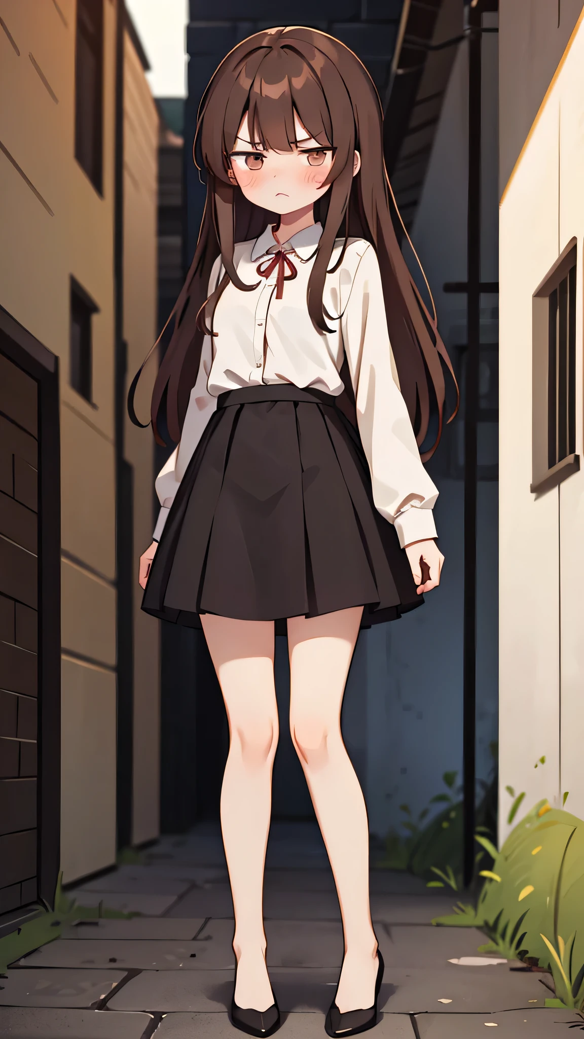 masterpiece、highest quality),Brown Hair,Hime cut,Long Hair,Bangs,girl,Back Alley,In a suit,OL,Woman with an angry face,Blushing,Slender women, A woman wearing plain black pumps,Bare feet and pumps,Open collar,Stand with your legs together,hold the skirt with both hands,front