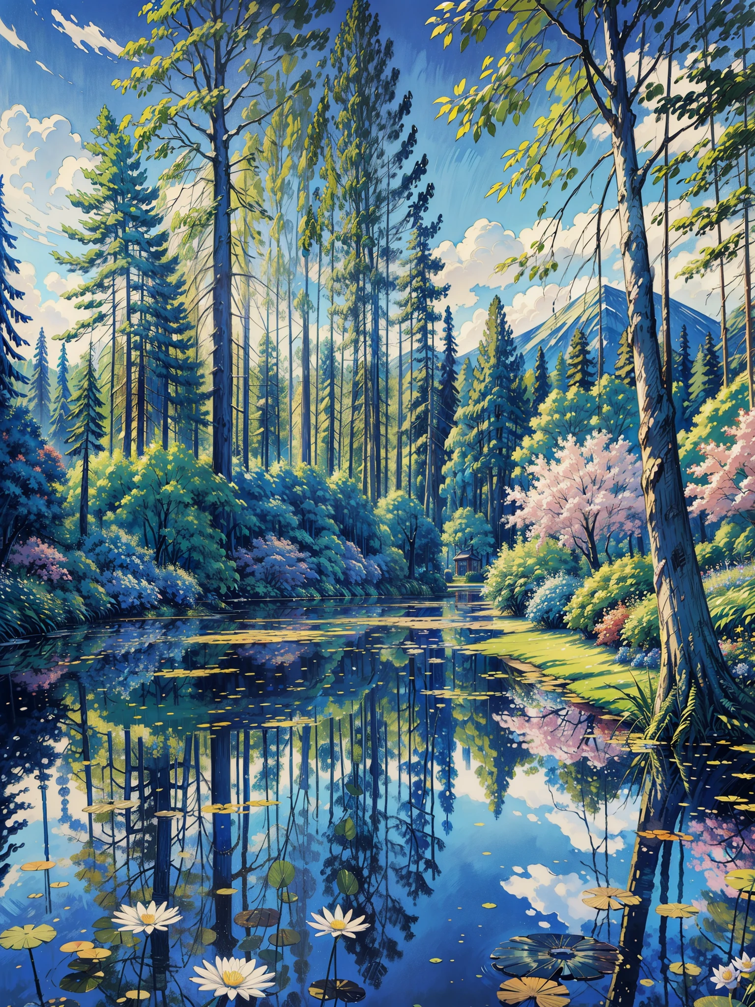 a painting of a pond in park, trees, blue sky, multicolored flowers, by Alexandre Benois, by David Hockney, by Wolfgang Zelmer, by John Wonnacott, pond, david bates, high reflections oil, inspired by Alexandre Benois, by Edmund Blampied, historic artworks society, by Peter Snow, highly detailed brushstrokes