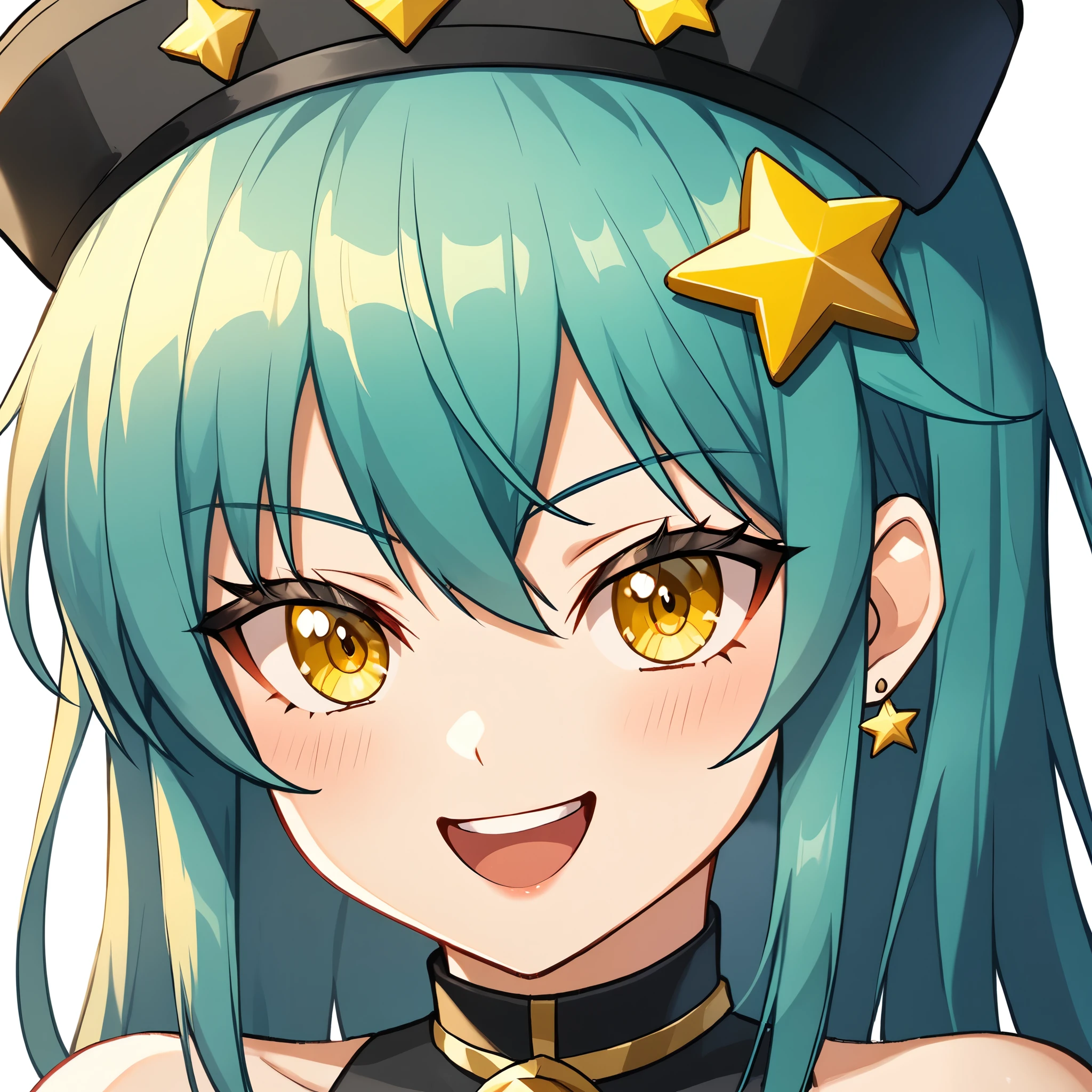 Girl with long dark turquoise hair, yellow eyes, yellow happy star pin in her hair, ((background: plain white background)) ((half body)) ((centered)) 8K