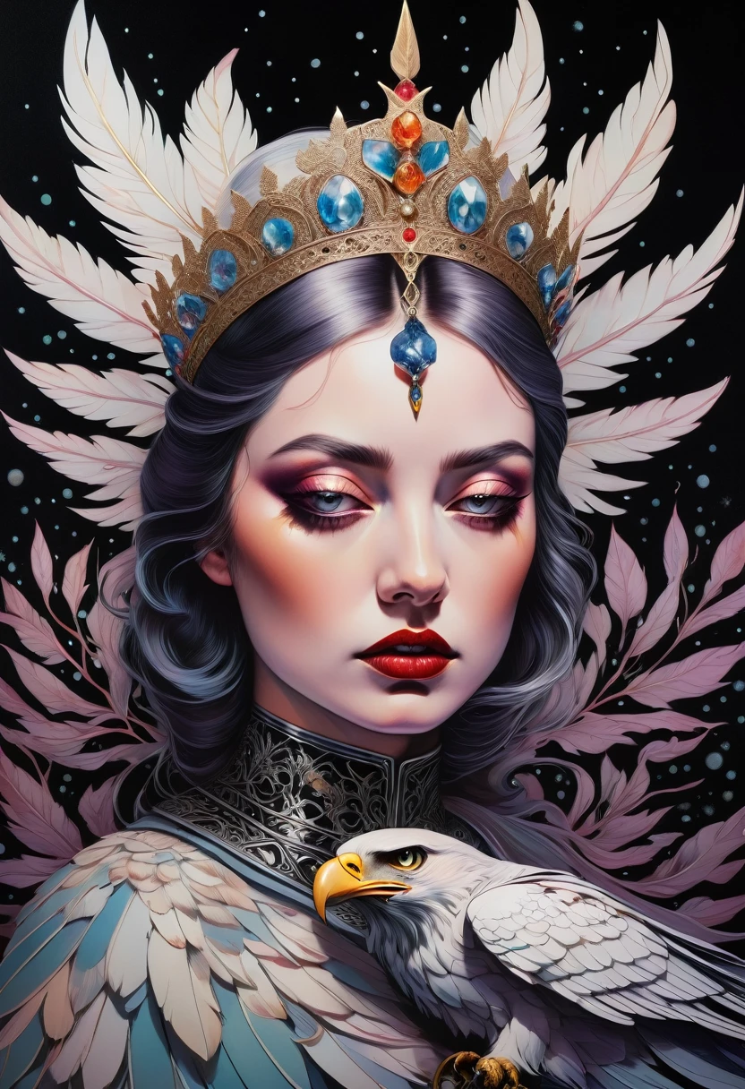 tarot card, chiaroscuro technique on sensual illustration of an queen of sword, Piercing Gaze, vintage queen, eerie, matte painting, by Hannah Dale, by Harumi Hironaka, extremely soft colors, hint of silver, highly detailed, digital artwork, high contrast, dramatic, refined, tonal, highest quality,anatomy correct,ultra-wide-angle,depth of fields, representing her ability to adapt in challenging situations, a small eagle, Focus on a color palette