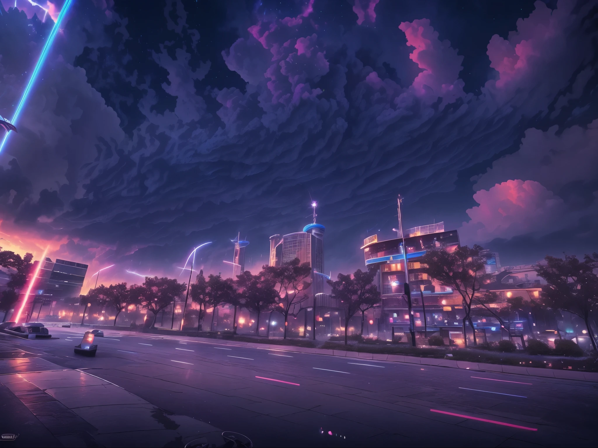 史诗迷幻Sky, psychedelic Sunset, outdoor, Sky, Storm Clouds, thunder, lightning, water, No_Humanity, cloudy_Sky, architecture, Star_(Sky), landscape, lens_Flare, Starry_Sky, reflection, Sunset, post apocalyptic City, post apocalyptic Cityscape, post apocalyptic Skyscraper, City_lamp, diffraction, Incredible color scheme, The perfect color scheme (A perfect masterpiece,best quality, Optimal resolution:1.5)(Perfect CG 8K UHD unified wall