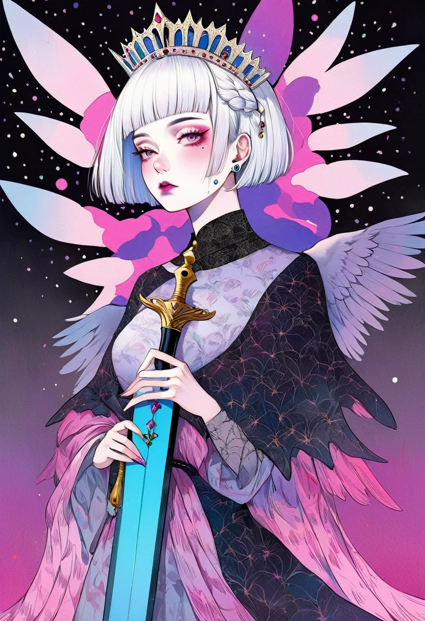tarot card, chiaroscuro technique on sensual illustration of an queen of sword, Piercing Gaze, vintage queen, eerie, matte painting, by Hannah Dale, by Harumi Hironaka, extremely soft colors, hint of silver, highly detailed, digital artwork, high contrast, dramatic, refined, tonal, highest quality，anatomy correct，ultra-wide-angle，depth of fields, representing her ability to adapt in challenging situations, a small eagle, Focus on a color palette
