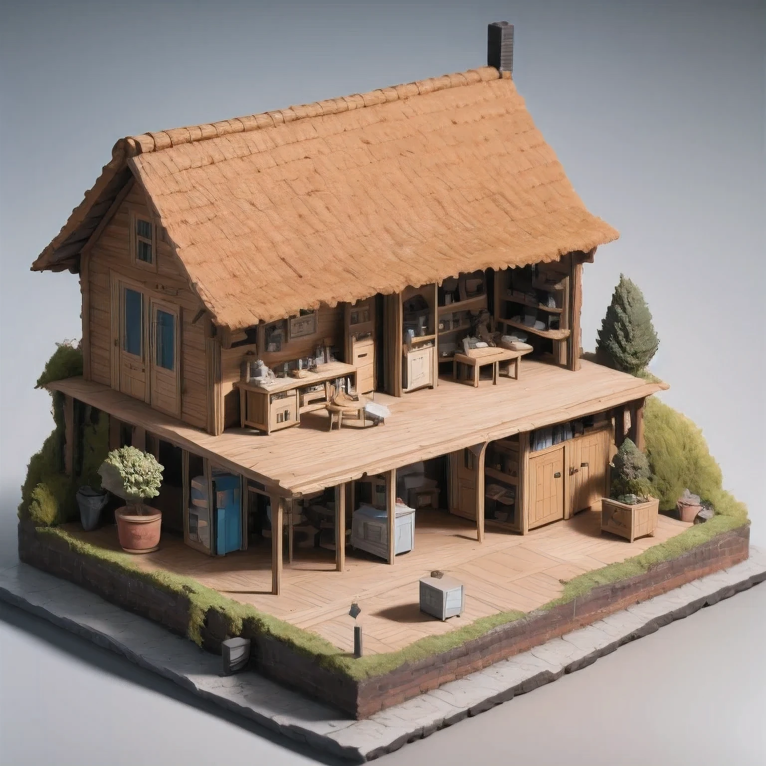 there is a small model of a small house with a roof, diorama model, highly detailed sculpey diorama, surreal sci fi set design, highly detailed diorama, diorama, detailed scene, eeri, miniature model, backside of scenography elements, by Lee Loughridge, by Brigette Barrager, diorama picture, witch hut with a couch and a tv, stylized 3d render, adventure hyper realistic render, daily render, hyper detailed 3 d render, highly detailed diorama, hyper detailed 3d render, extreme render, highly detailed 3 d render, highly detailed 3d render, super detailed render, very detailed render, 3 d videogame render,stylized 3d render, 3 d render stylized, cute 3 d render, hyper detailed 3 d render, hyper detailed 3d render, daily render, stylized as a 3d render, very detailed render, 3 d stylize scene, super detailed render, fully detailed render, highly detailed 3d render