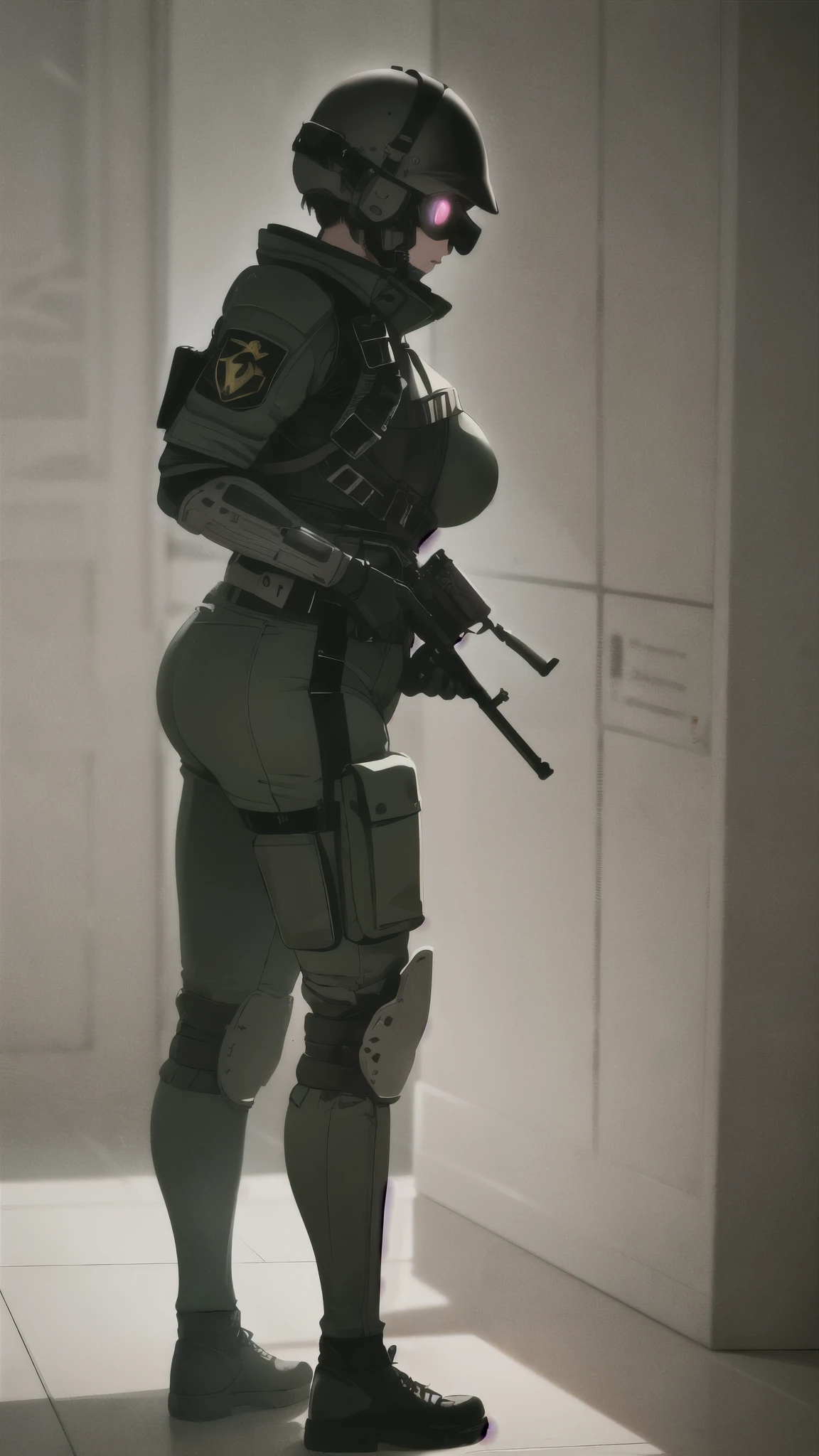 combine soldier, 1girl, solo, standing, helmet, gloves, looking at viewer, facing viewer, military, science fiction, jumpsuit, bulletproof vest, breasts, wide hips, tight clothes, combat boots, holding shotgun, holster, chest rig, ammo pouches, satchel, toolbelt, vest collar, body armor, shoulder pads, thigh pads, kneepads, armor, high quality shadows, glowing eyes, straps, shotgun shells, menacing, thick thighs, riot gear, riot helmet, bullet proof visor, padded armor, viewing from side, helmet accessories, accessories,