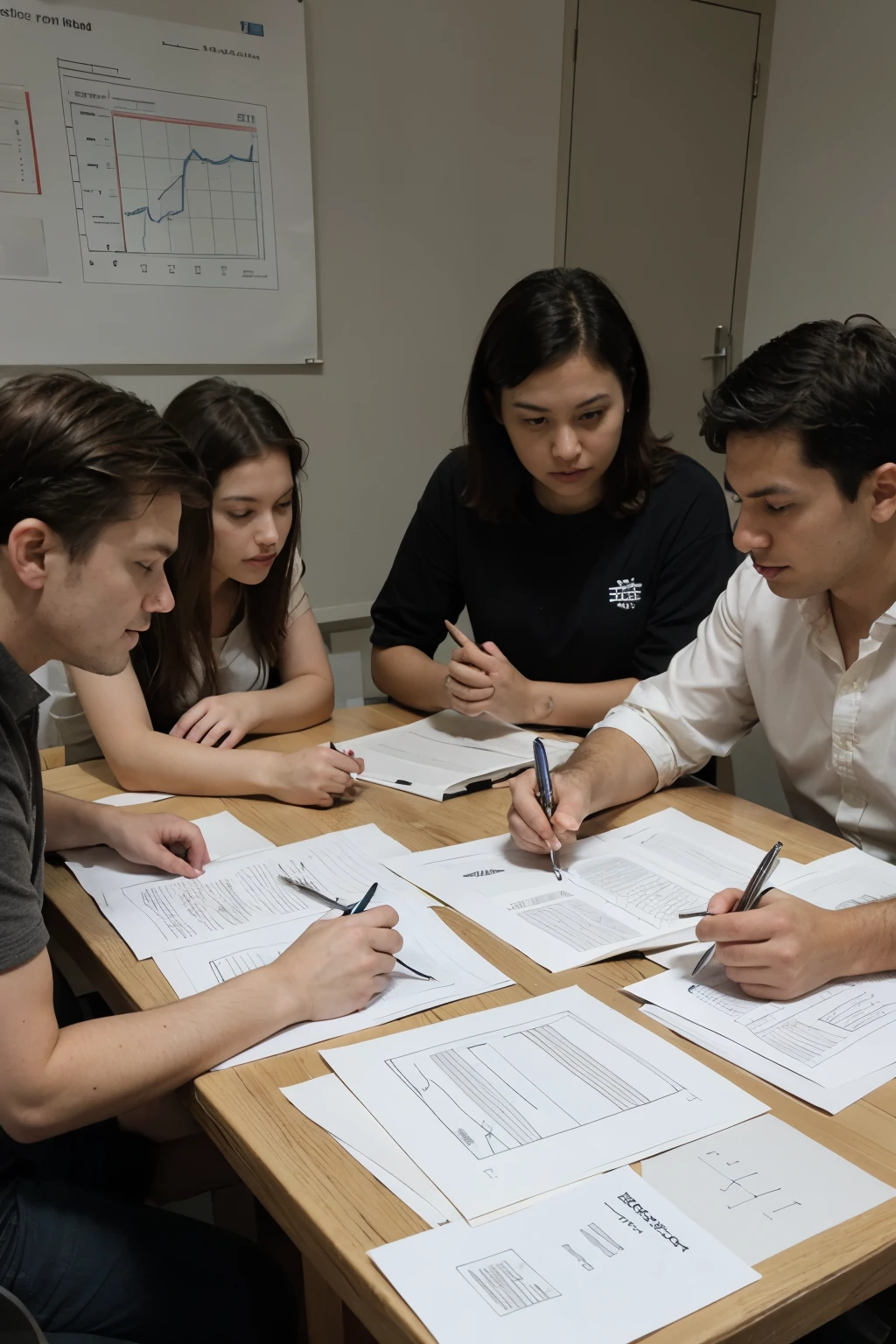 create the image of a table with various papers and graphs and several professional men and women around this table, discussing the creation of a new project for a company