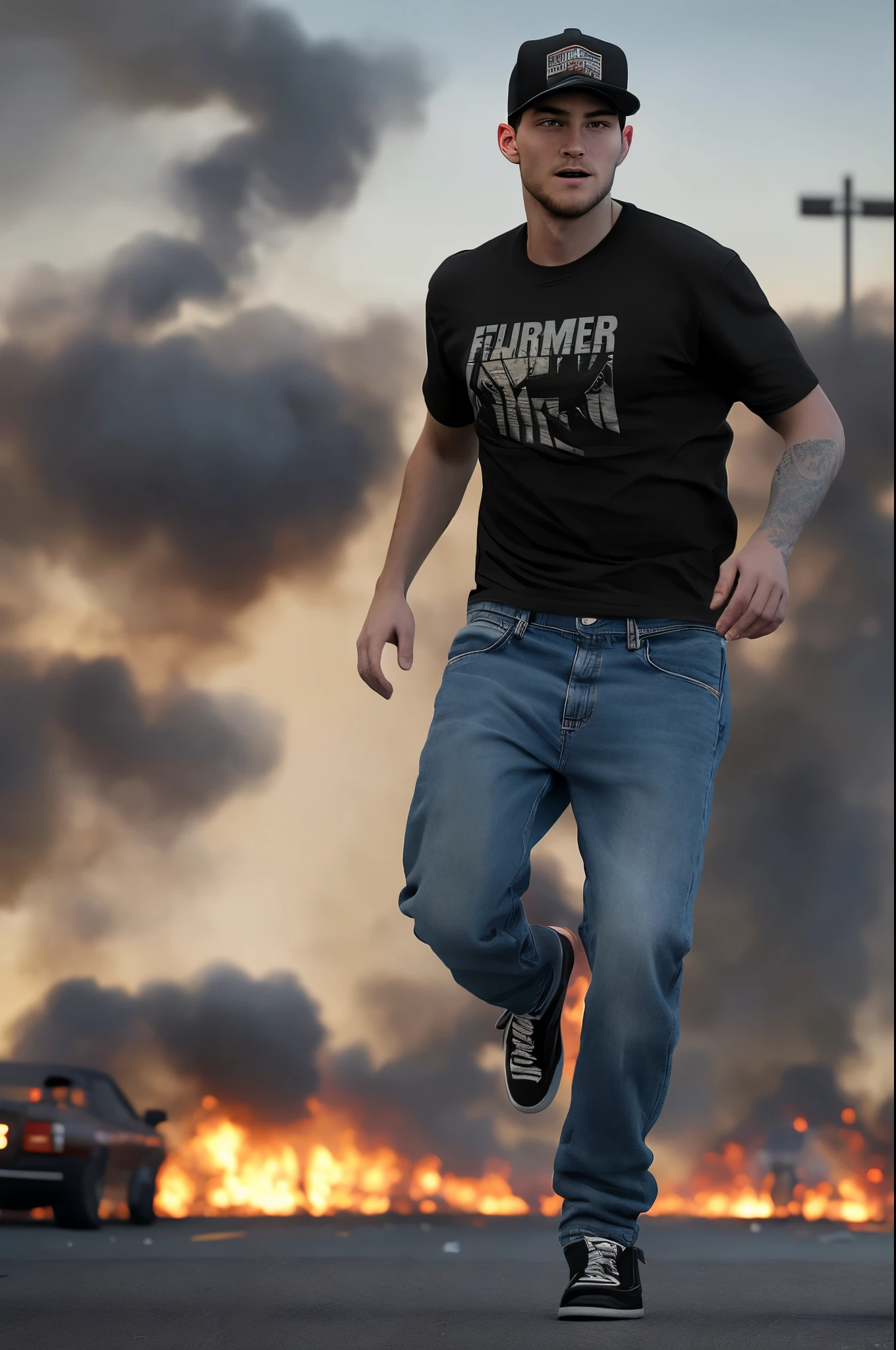 High definition photograph in a gritty realism style, a young man of 18 years old, characterized by a baby face and a stocky build, is depicted running frantically with a medic bag slung around his waist. He wears jeans, a t-shirt, and a distinctive MAGA hat on his head. In the foreground, a 35-year-old homeless man is seen throwing a skateboard towards the runner, set against the backdrop of Kenosha, Wisconsin, near a gas station. A fire burns in the distance, serving as a dramatic contrast to the chaotic scene, which appears to be taking place during a BLM riot, with cinematic lighting and