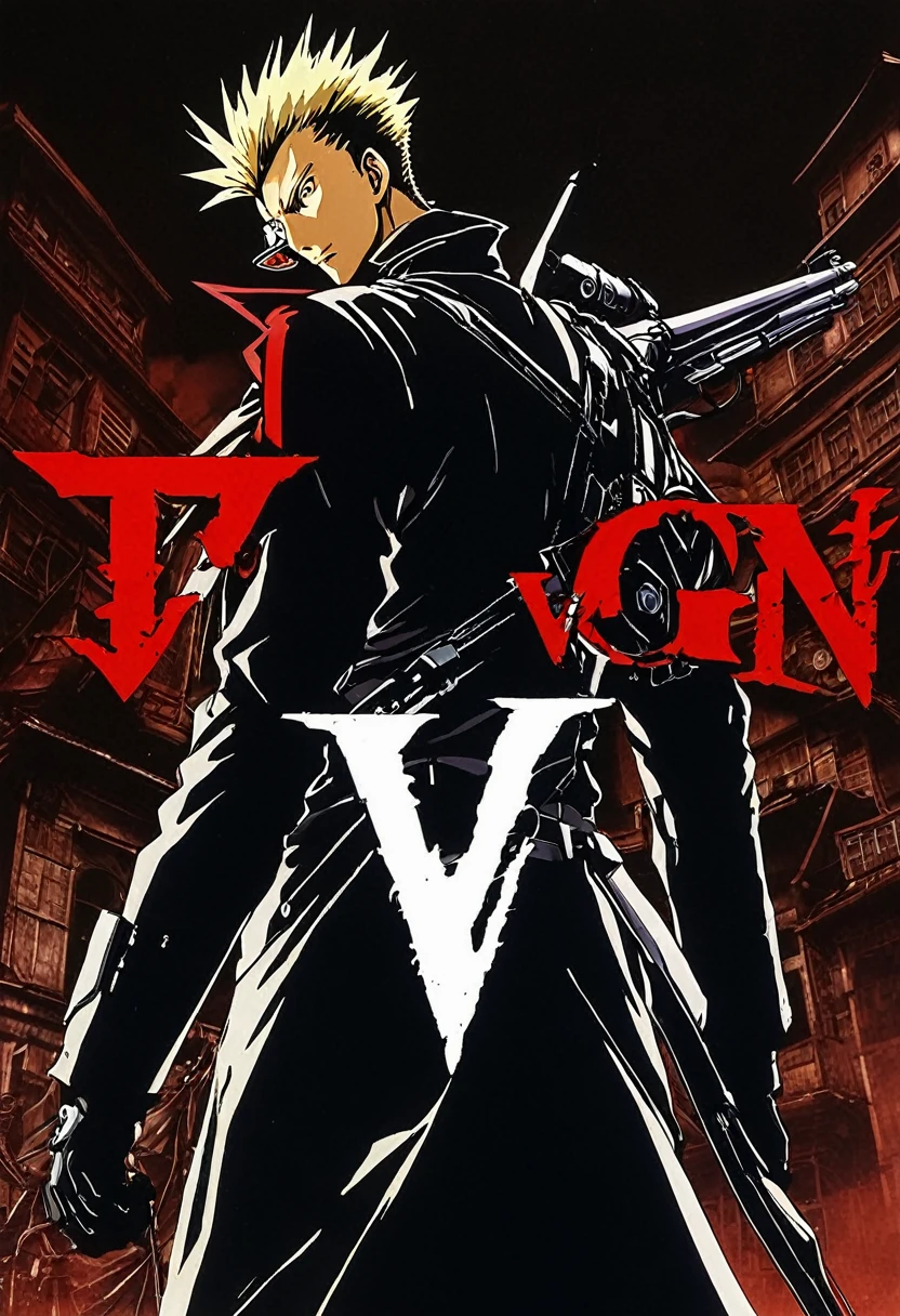 Make an image that has the letter V as the main focus in the image and in the background the theme of the anime Trigun
