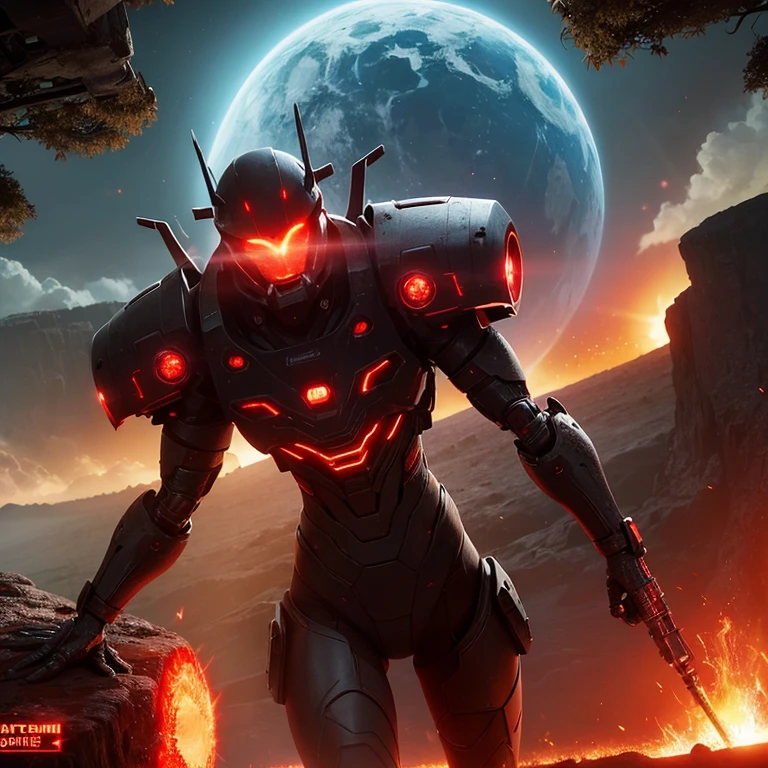 cybernetic earth with a red light inside, mechanized earth crust, the earth sprouts lava, earth's red mantle is visible, hollow earth, vtm, canyons and ridges all across earth, the whole world is on fire ablaze
