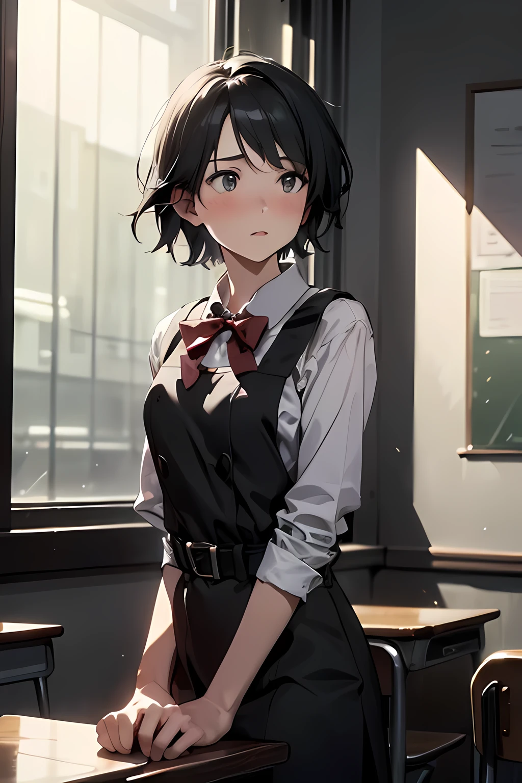 ((masterpiece,best quality)), highres, extremely detailed 8K wallpaper, depth_of_field, best shadow, (Colorful),(Delicate eyes and face), Perfect hands, (no lighting), Ray tracing, BREAK
(1girl), mogami \(kancolle\), black hair, short hair, black eyes / green eyes, swept bangs, (full-face blush), slender, skinny, parted lips, BREAK,
standing, perfect hand, BPD,((black pinafore dress)),long skirt,red bowtie,belt, 
looking away, Cowboy Shots and knee, school, classroom, (((night time))), ((dark backgrounds:1.2)),