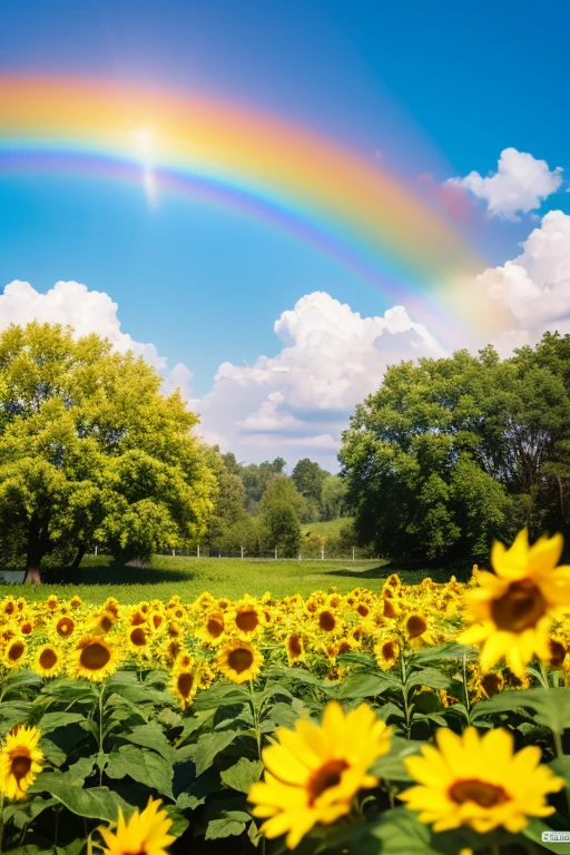 (best quality), (8k), (top quality), (real picture), (Realistic photos), Sunflower garden, Blue sky, Rainbows and sunshine shine.