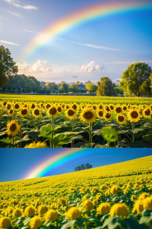 (best quality), (8k), (top quality), (real picture), (Realistic photos), Sunflower garden, Blue sky, Rainbows and sunshine shine.