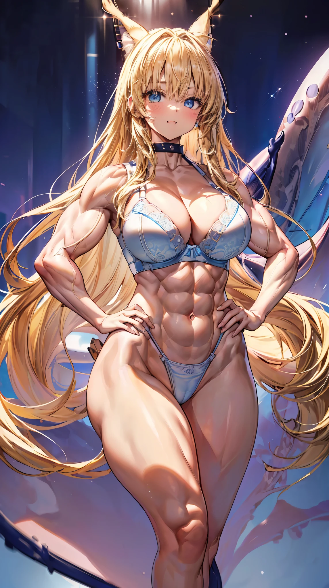 Very detailed、highest quality、Best image quality、masterpiece、8k、Anime Face、A kind smile、(Open your mouth:1.3)、Sparkling blue eyes、(Blonde semi-long hair:1.5)、(Muscles of the whole body:1.3)、(highleg:2.0)、Thigh belt、(Cowboy Shot:1.5)、(SFW Giant)、(Thick body:1.2)、(bra:1.5)、(sxspnts)、(Hands on hips:1.1)