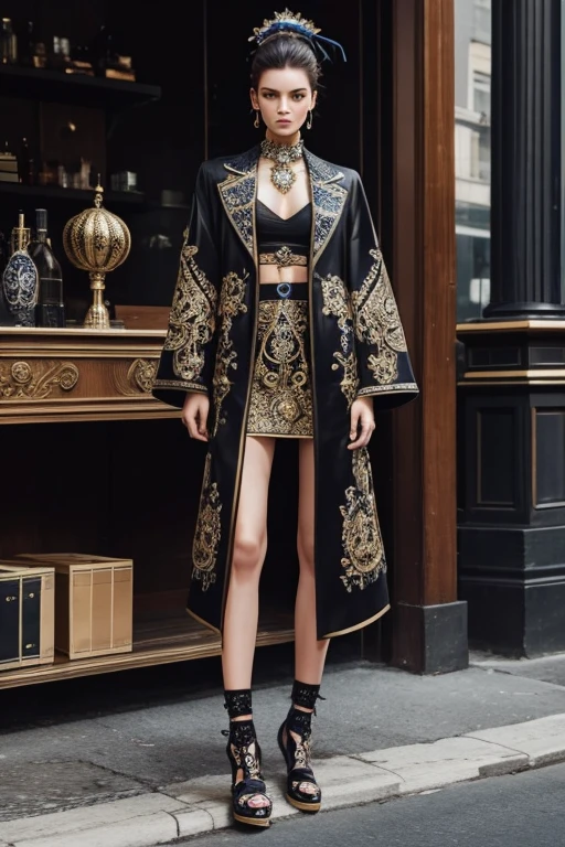 Fashion model wearing a really cool outfit, awesome shoes, unique clothing, hyperrealism, detailed, intricate, ornate
