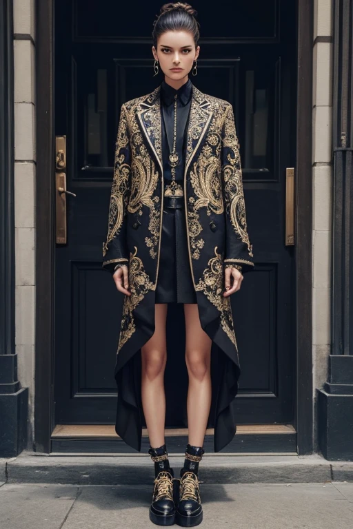 Fashion model wearing a really cool outfit, awesome shoes, unique clothing, hyperrealism, detailed, intricate, ornate