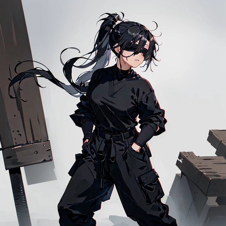 1girl, close up shot, annoyed, (black hair, messy ponytail, medium breasts, very muscular), perfect ???????, japanese style, ((black shirt, black coat, belt, black fingerless gloves, baggy black sweatpants, sandals, black blindfold)), hands in pockets, calm stance