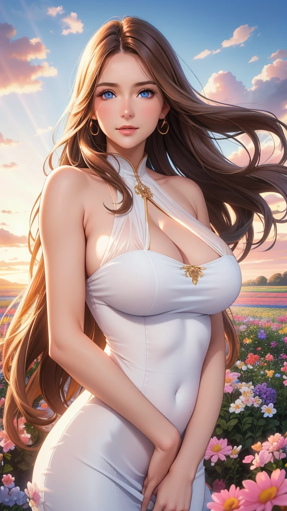 best quality, 30-year-old woman, Huge breasts, Brown long hair, blue eyes, tight white dress, Sunset, Upper Body, Sexy, Angelic, Thin fabric, see through, Divine Light, Fluffy clouds, Colorful flower fields,