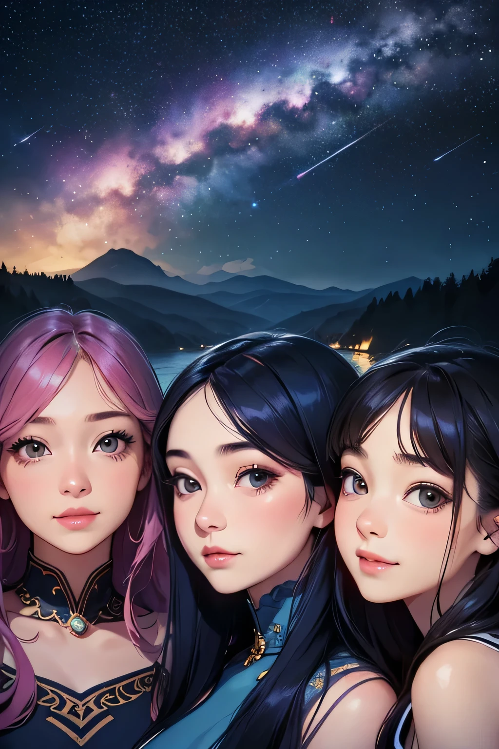 highest quality、High resolution、Detailed Background、(Beautiful face in every detail:1.4)、(Highly detailed face:1.4)、Brightly colored hair、A cute dress with minimal exposure、Spectacular natural scenery、smile、Three beautiful girls against the backdrop of a large number of comets floating in the night sky
